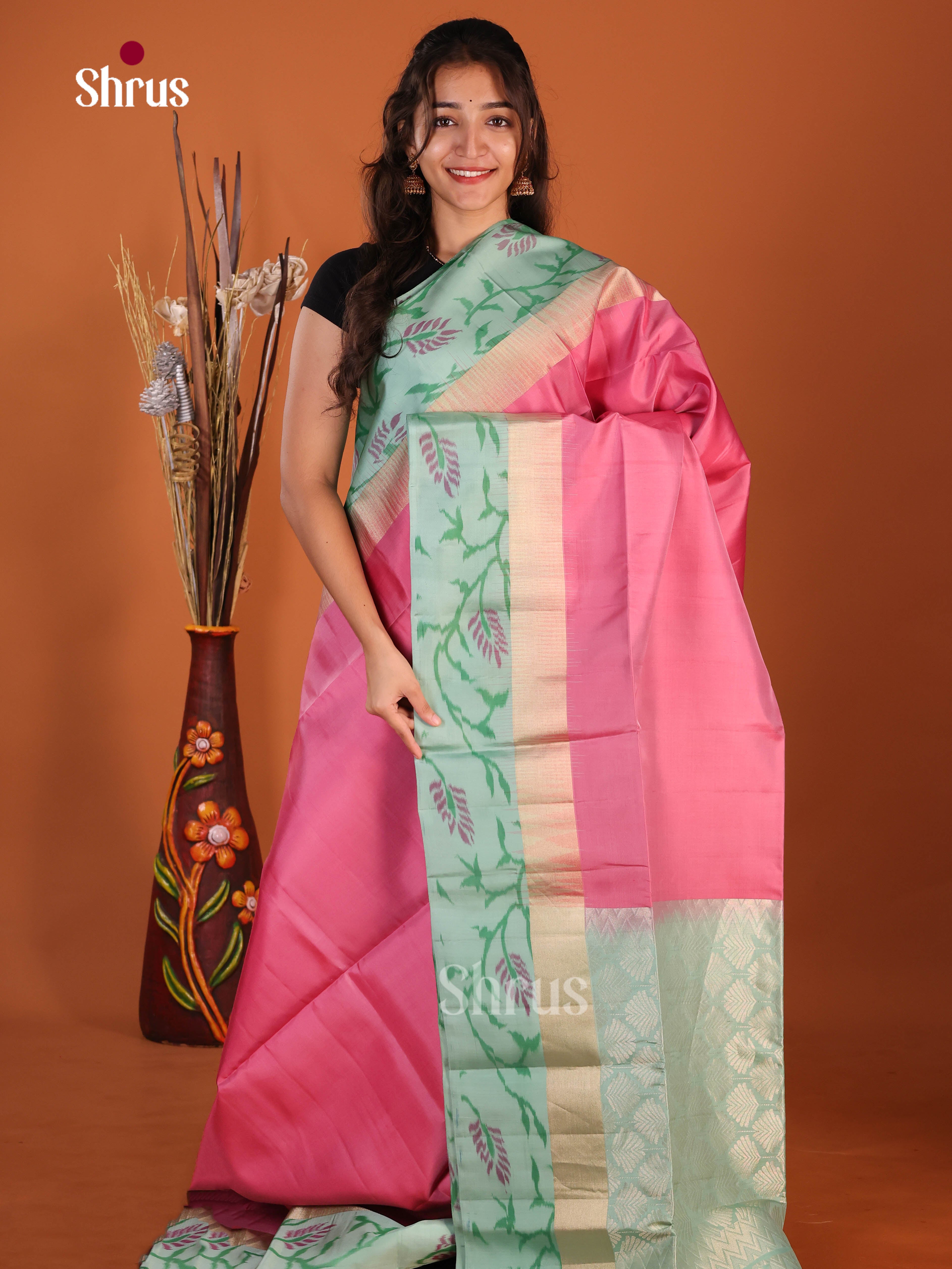 Artistic Pink Soft Silk Saree With Floral Vines Printed Mint Green Border