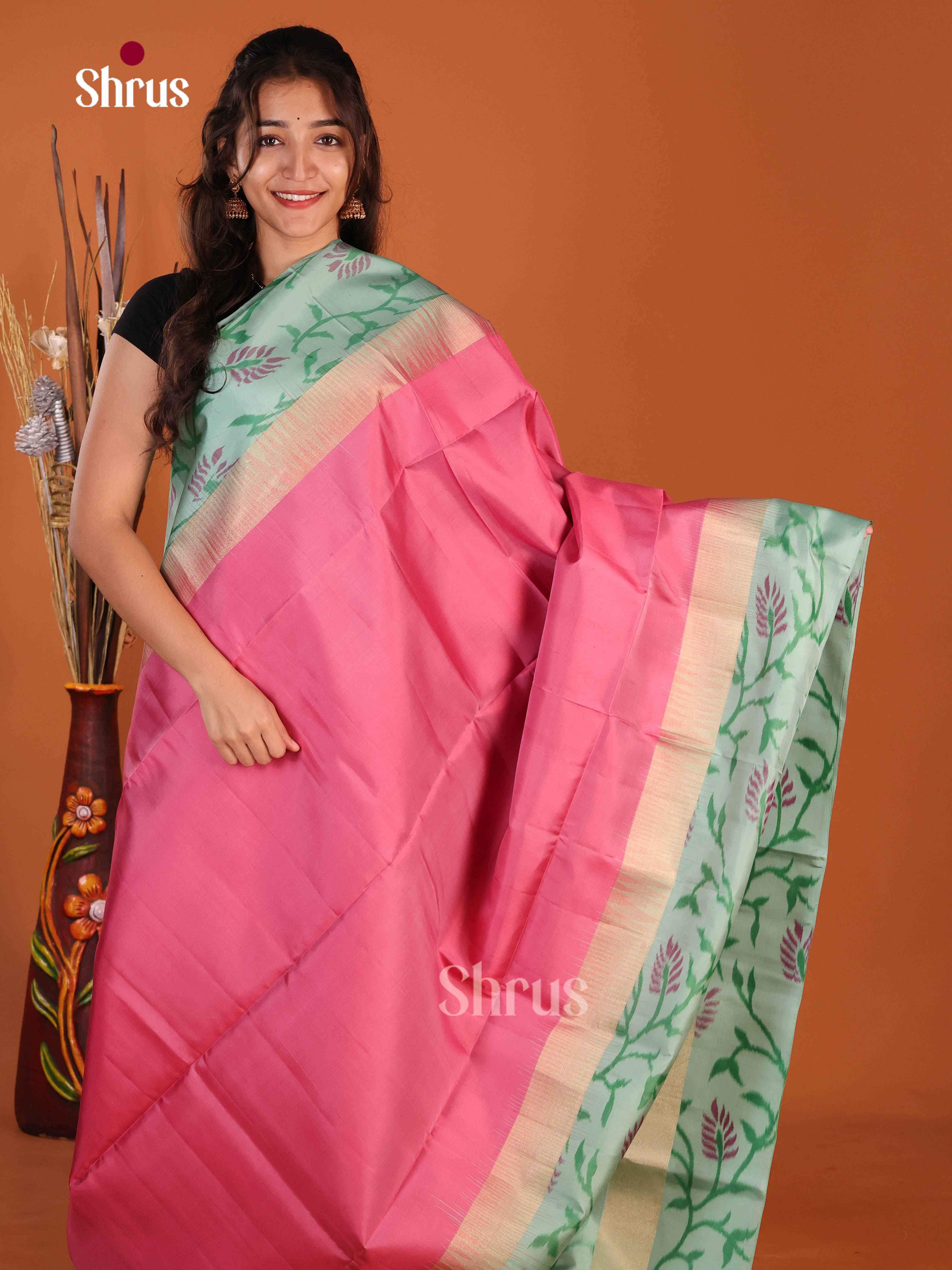 Artistic Pink Soft Silk Saree With Floral Vines Printed Mint Green Border