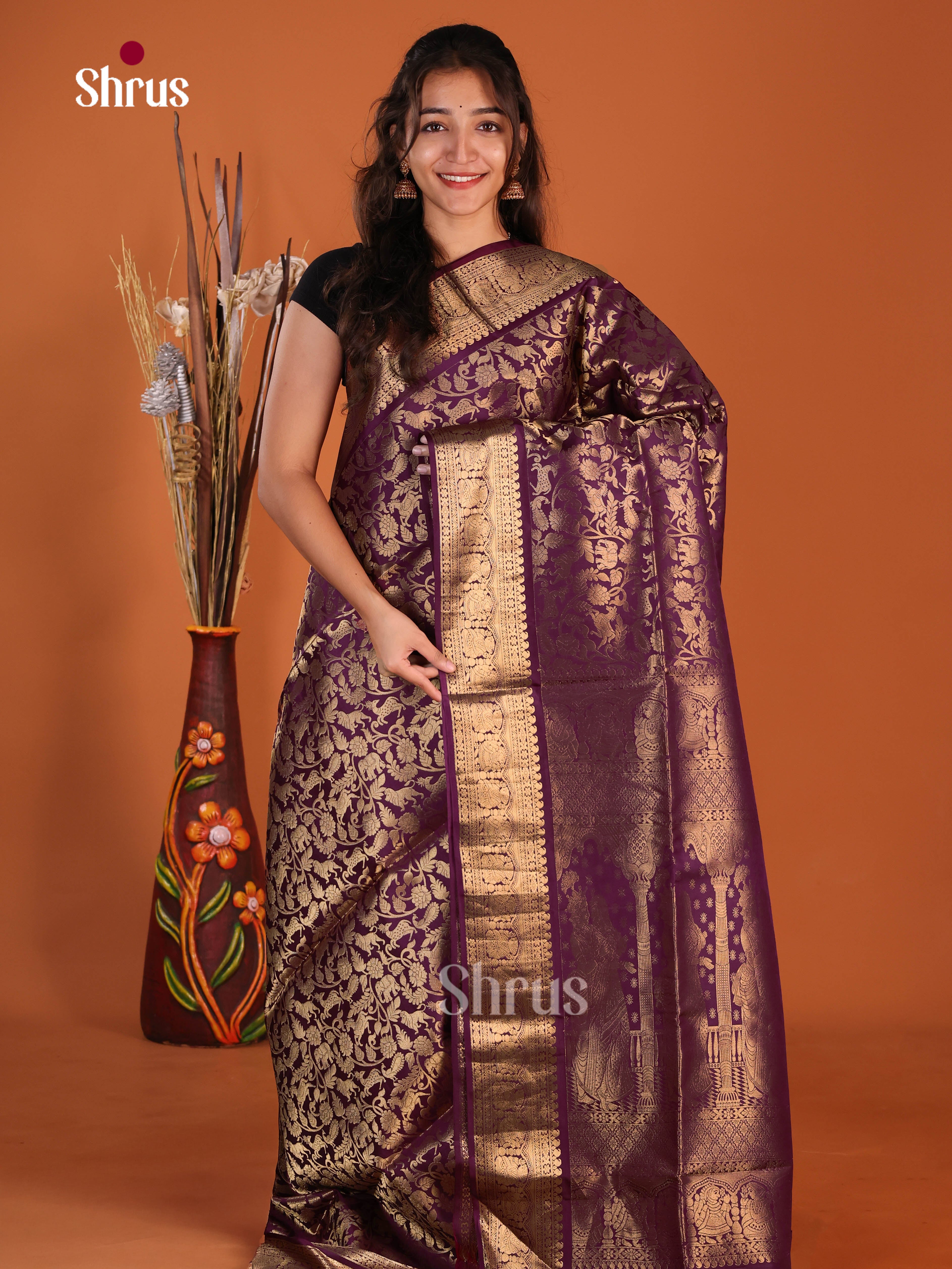 Dazzling Violet Single Tone Soft Silk Saree with vanasingaram zari floral nestling brocade