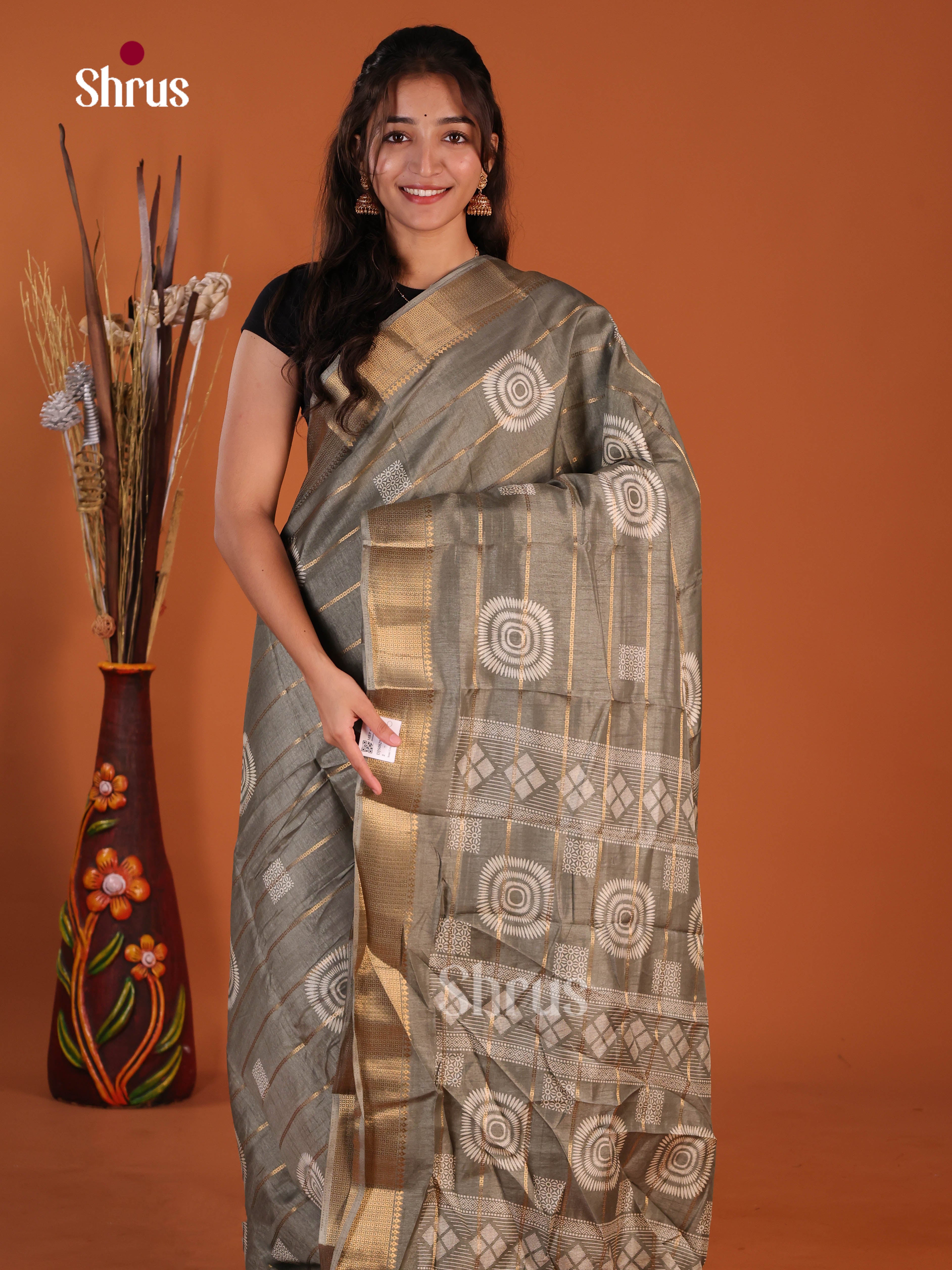 Grey - Semi Crepe Saree