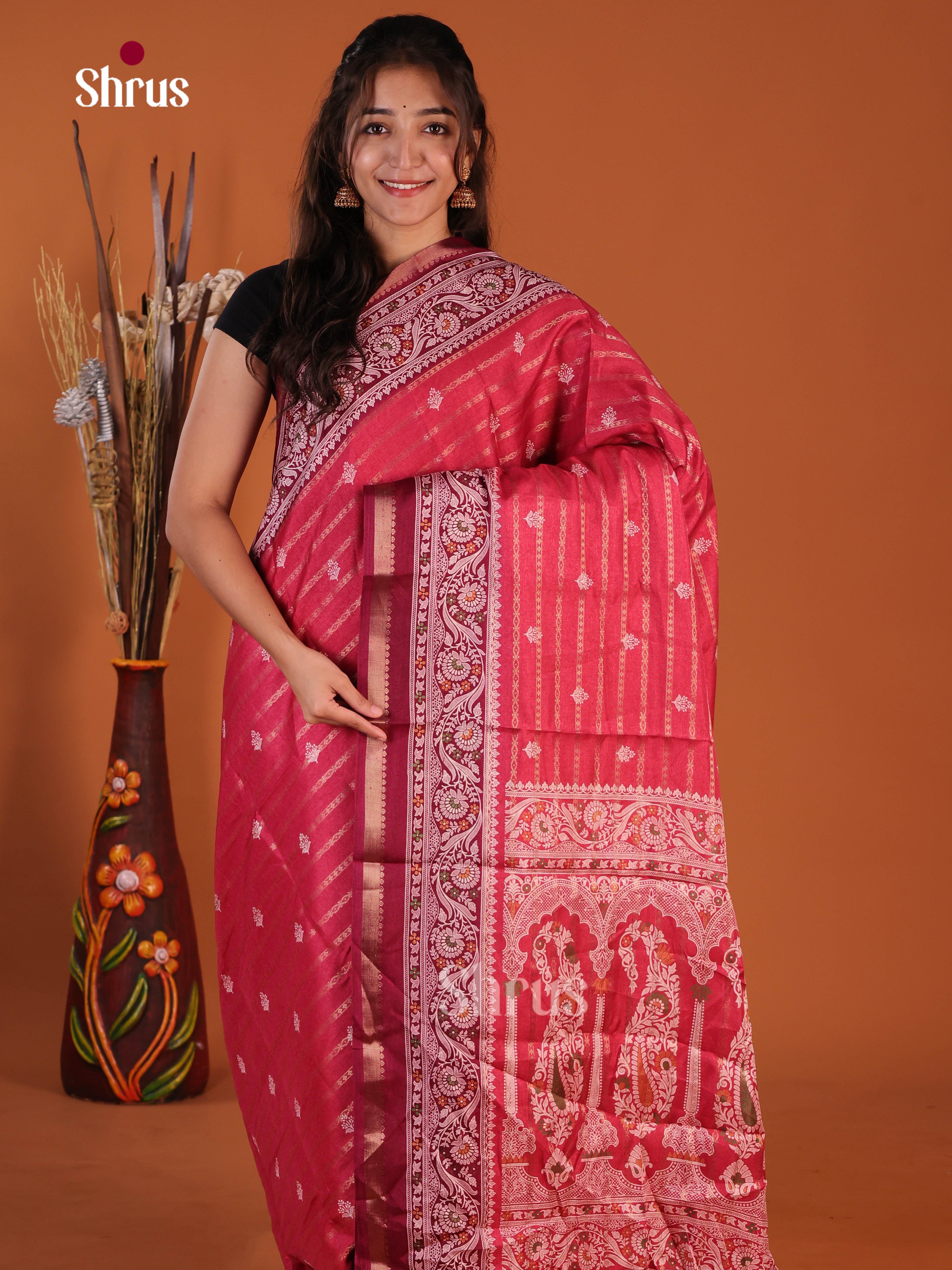 Red & Maroon- Semi Crepe Saree
