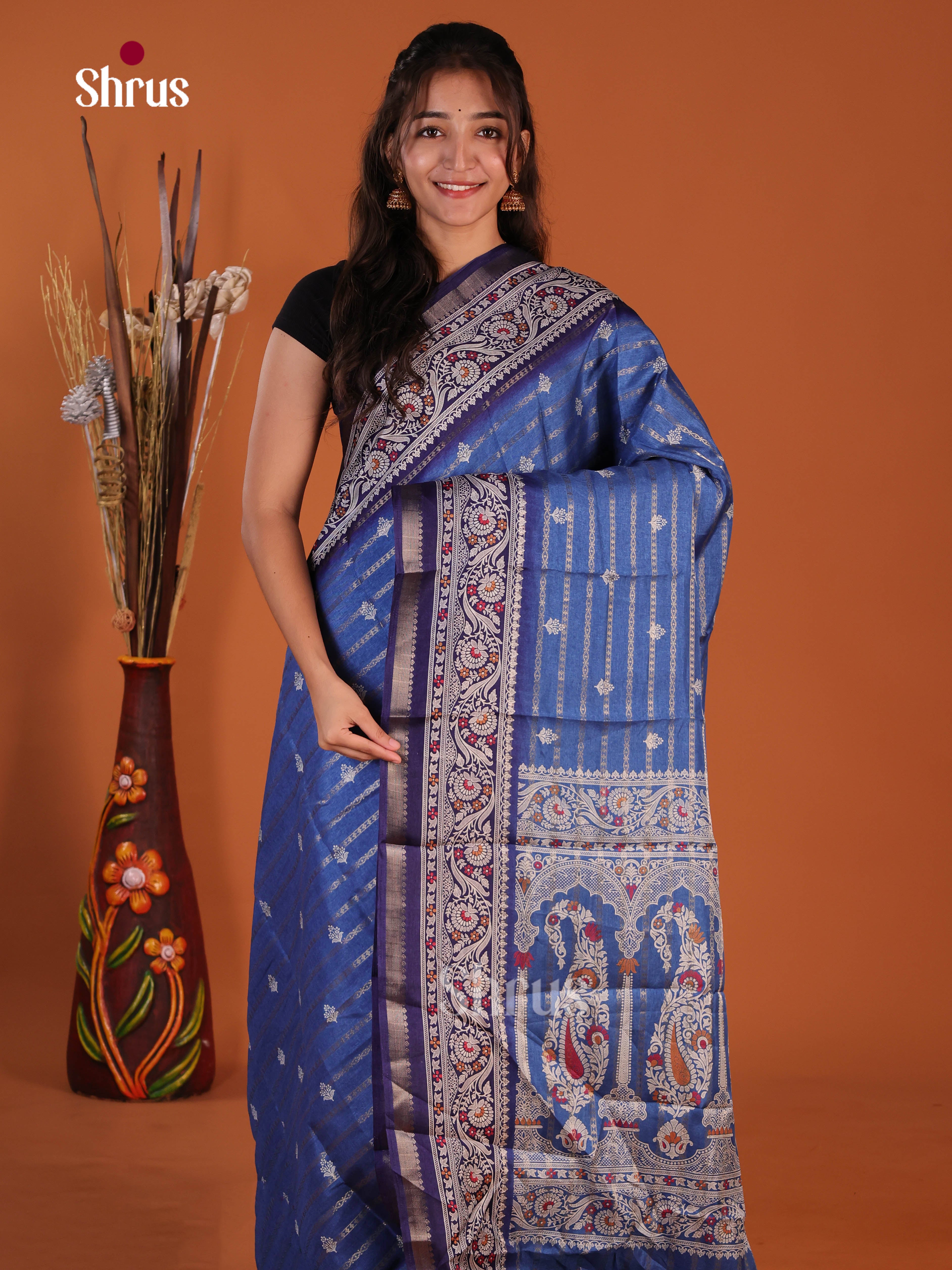 Blue & Navy Blue - Semi Crepe Saree