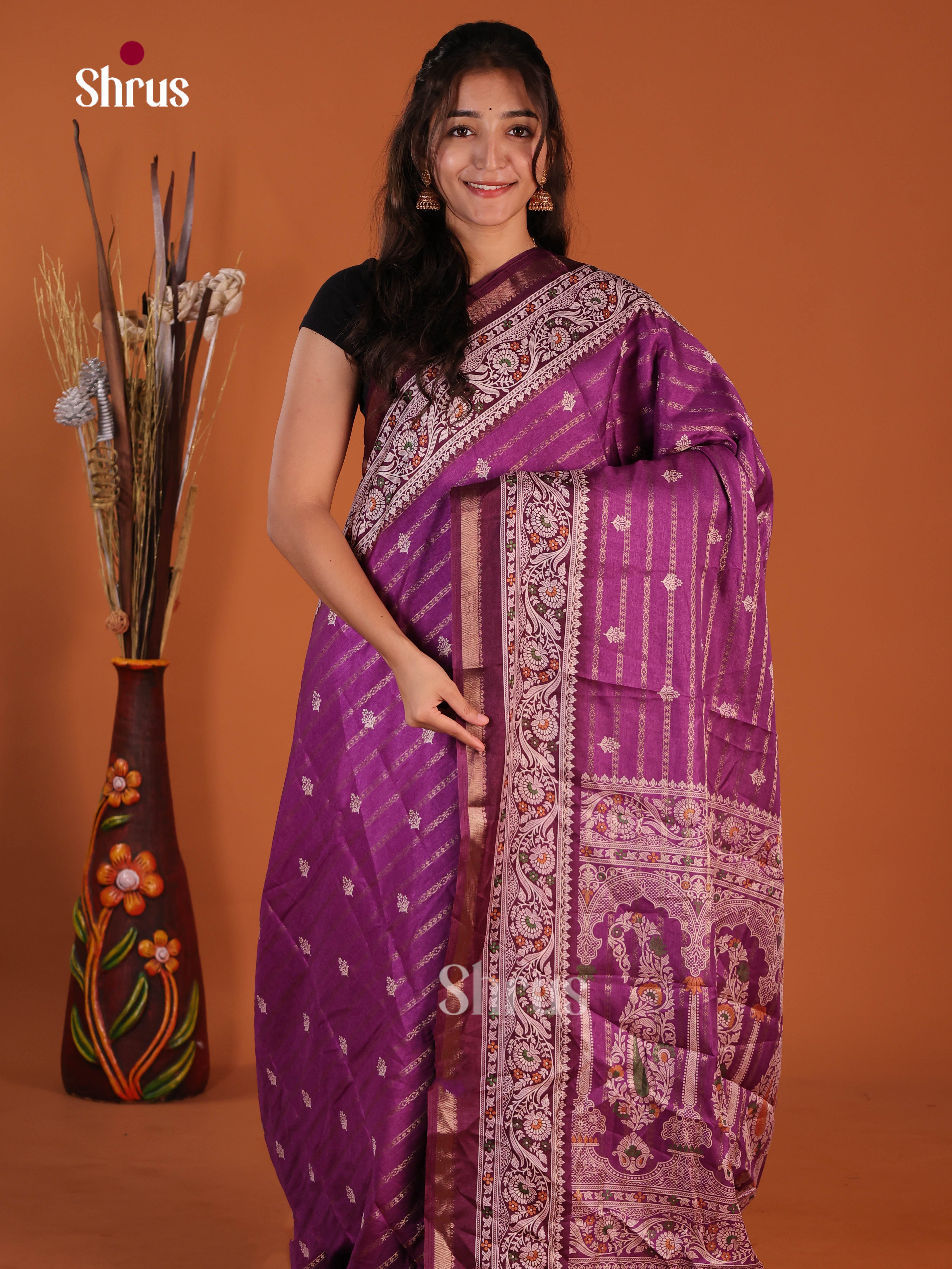 Purple & maroon - Semi Crepe Saree