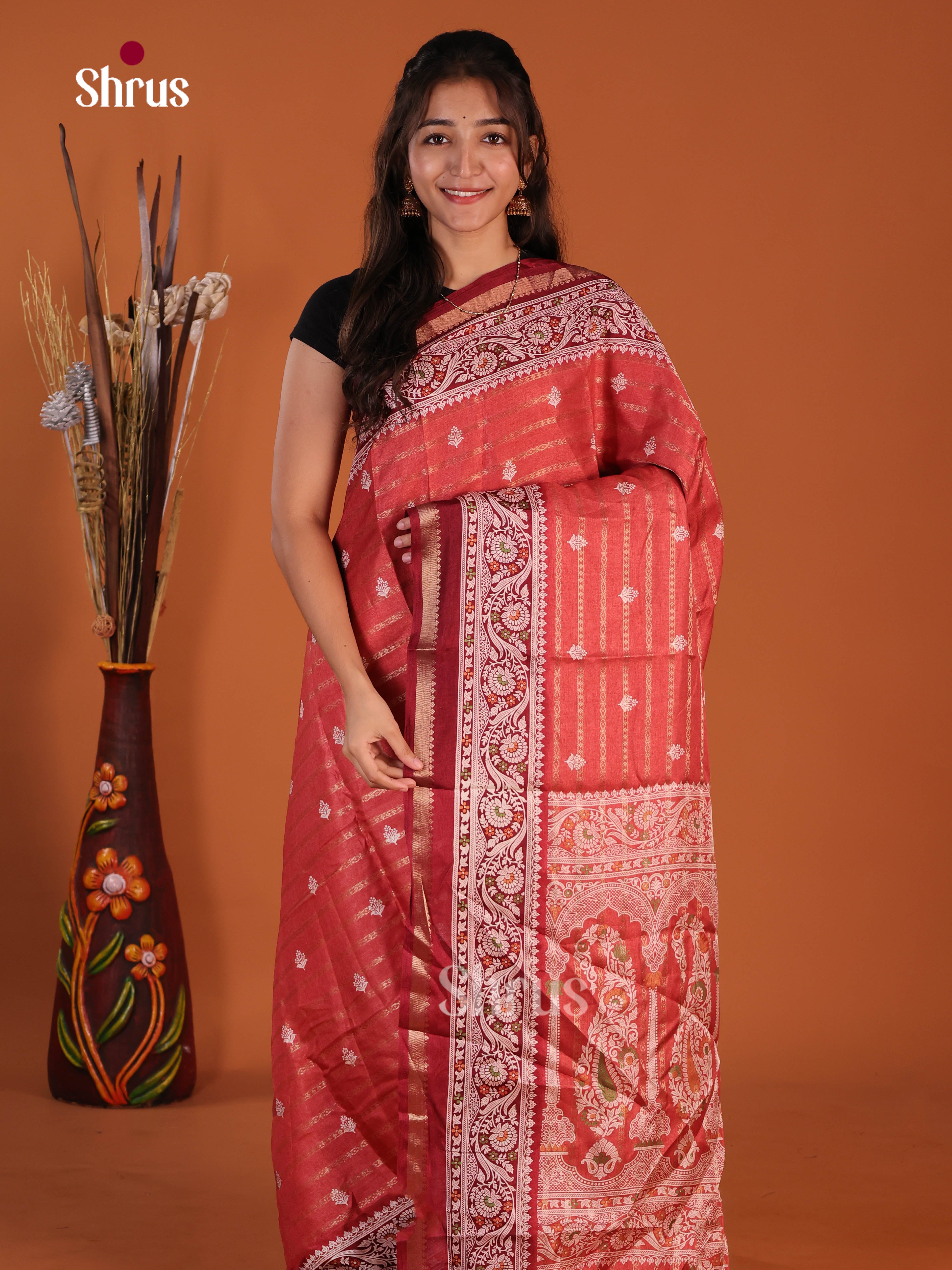 Red - Semi Crepe Saree