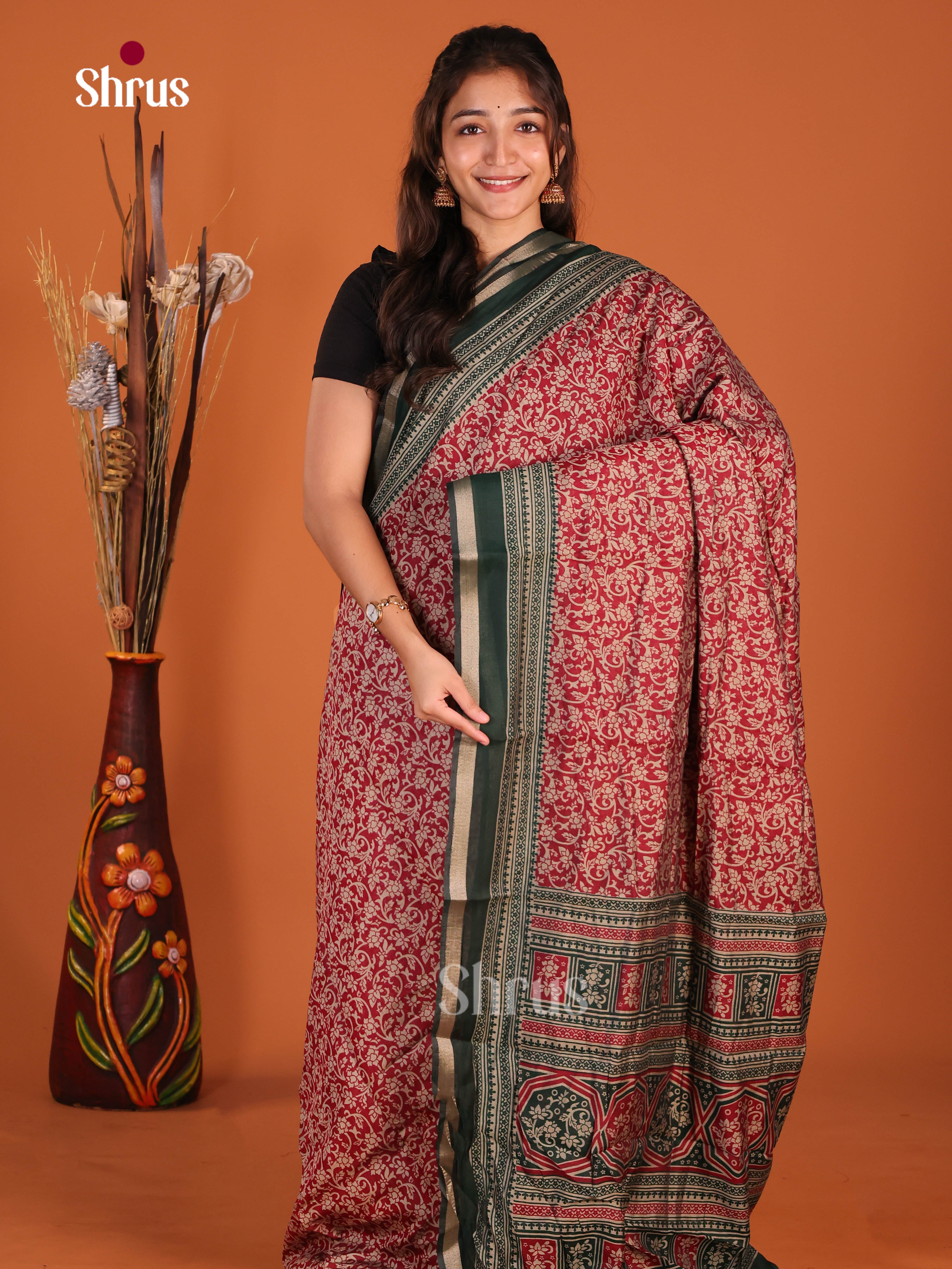 Red & Green - Art Modal Saree - Shop on Shrus.com