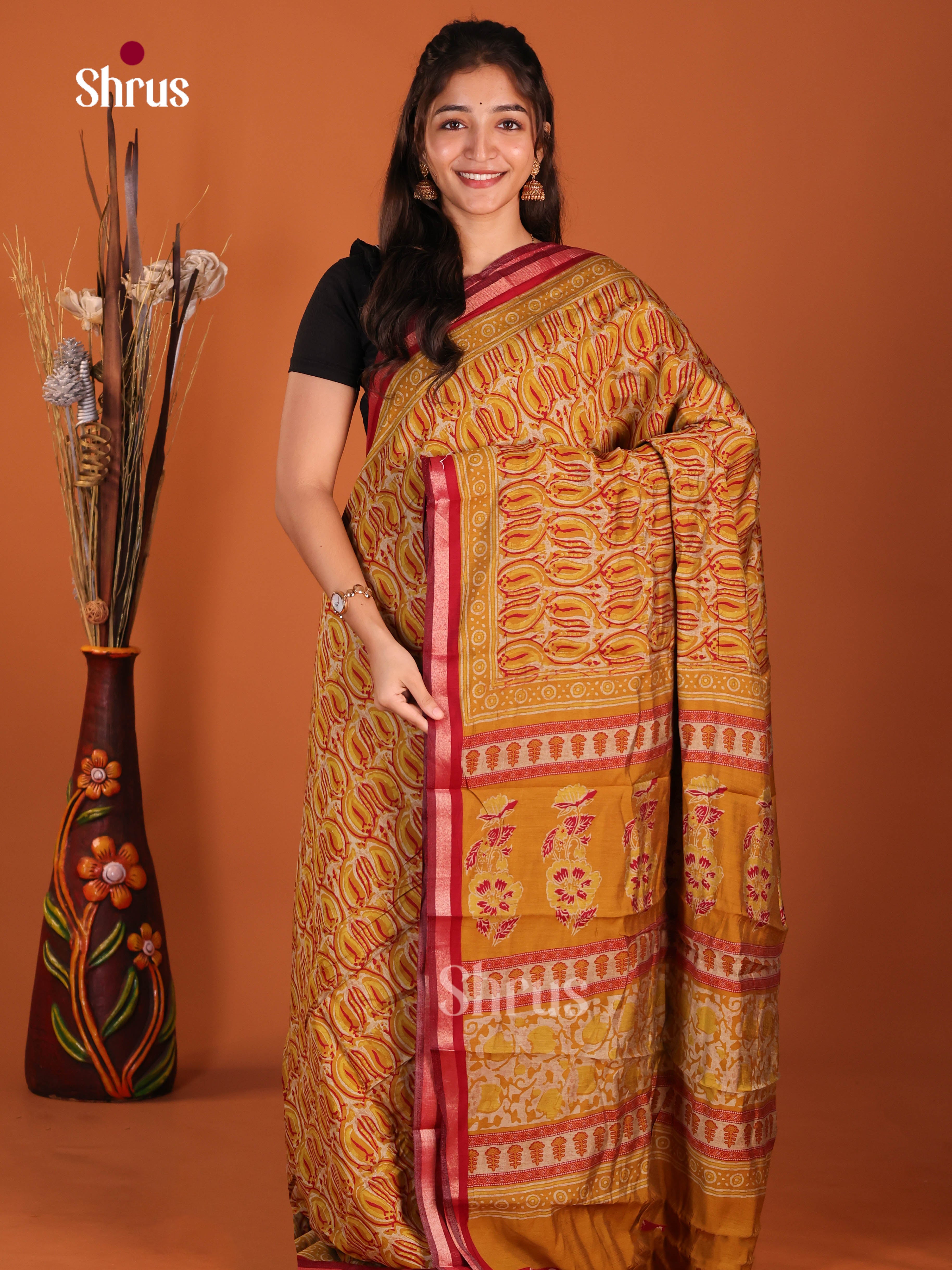 Mustard & Red - Art Modal Saree