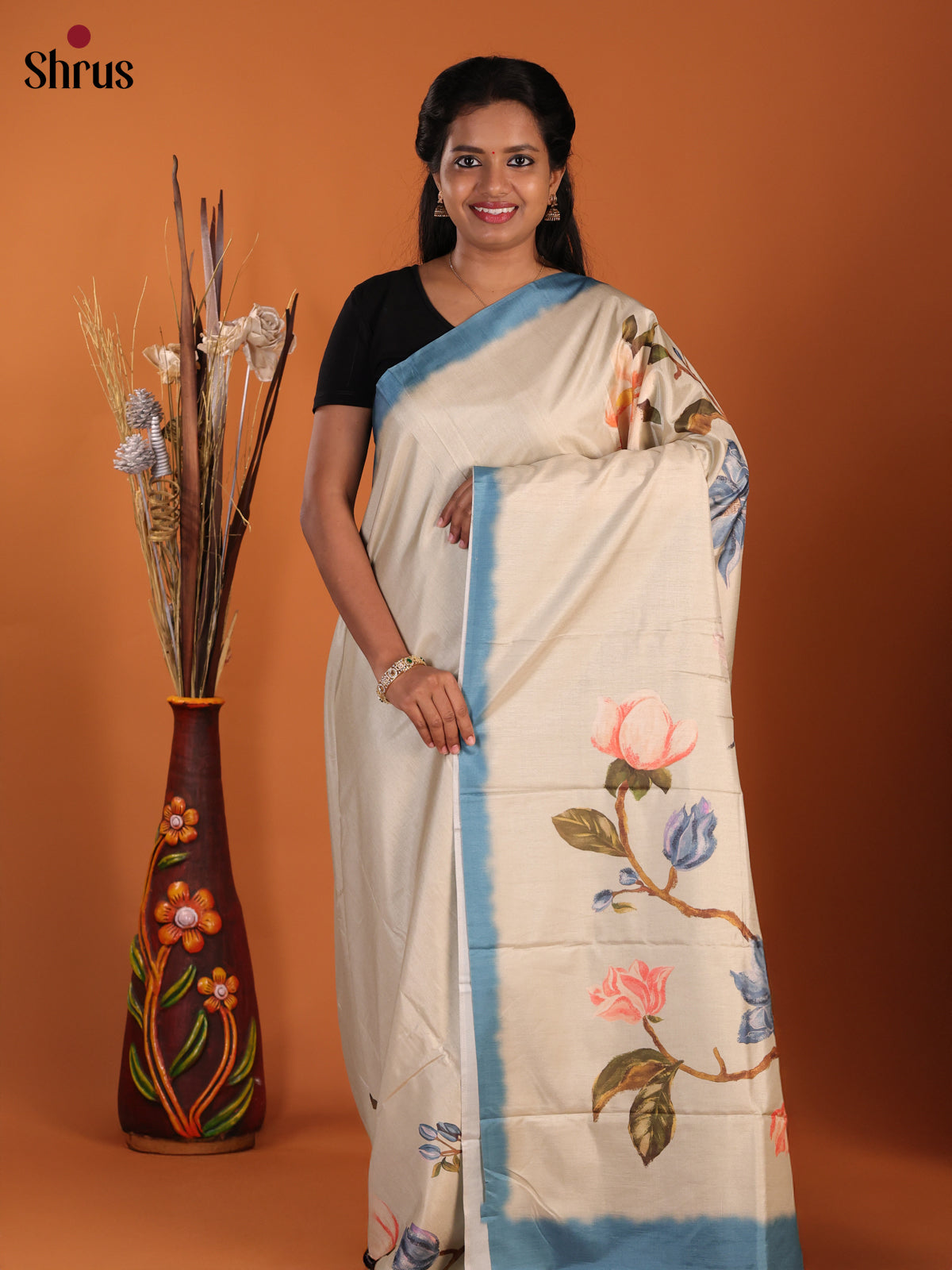 Cream & Blue - Semi Modal Saree