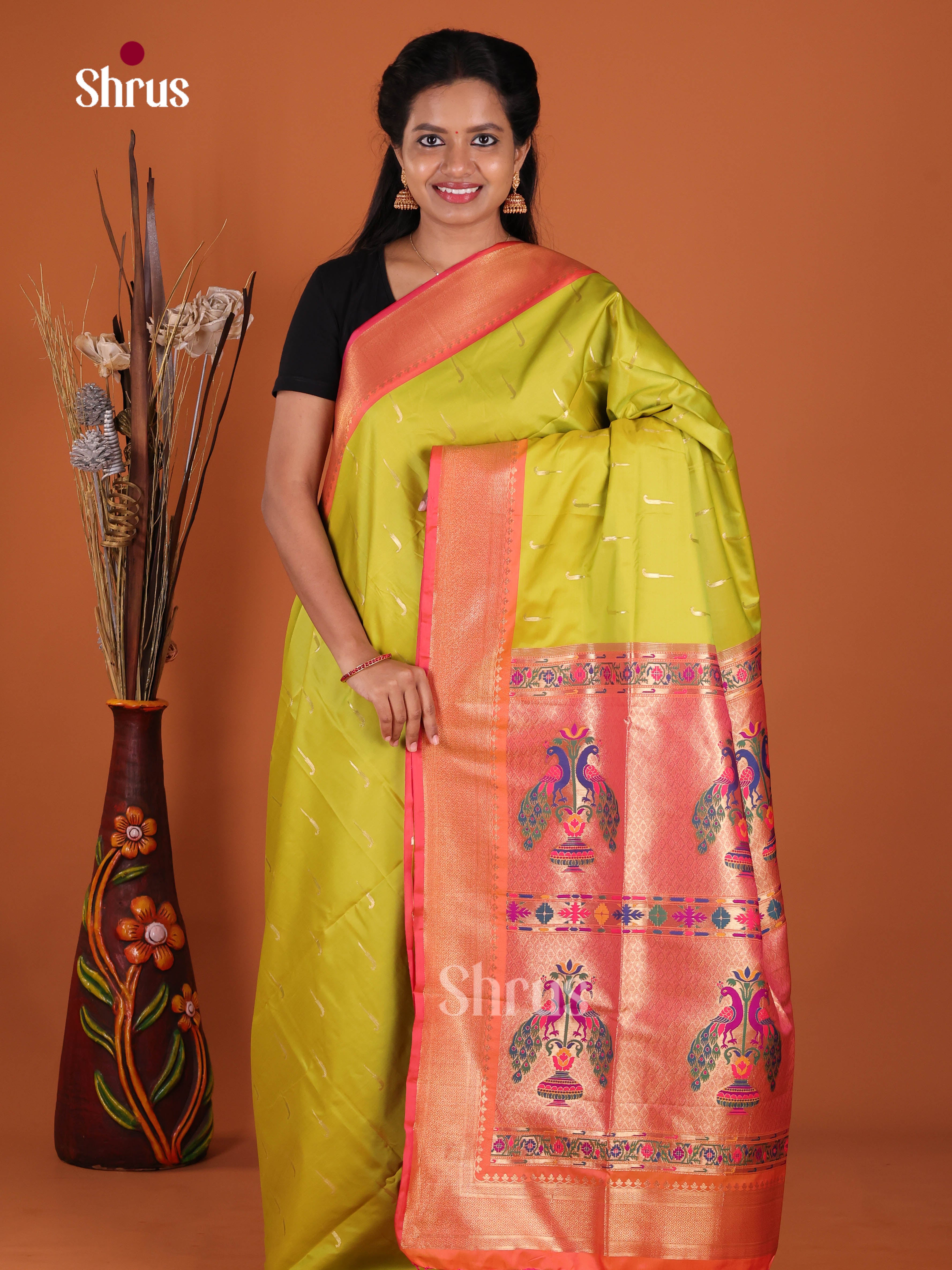 Light Green & Orangish Pink- Semi Softsilk Saree