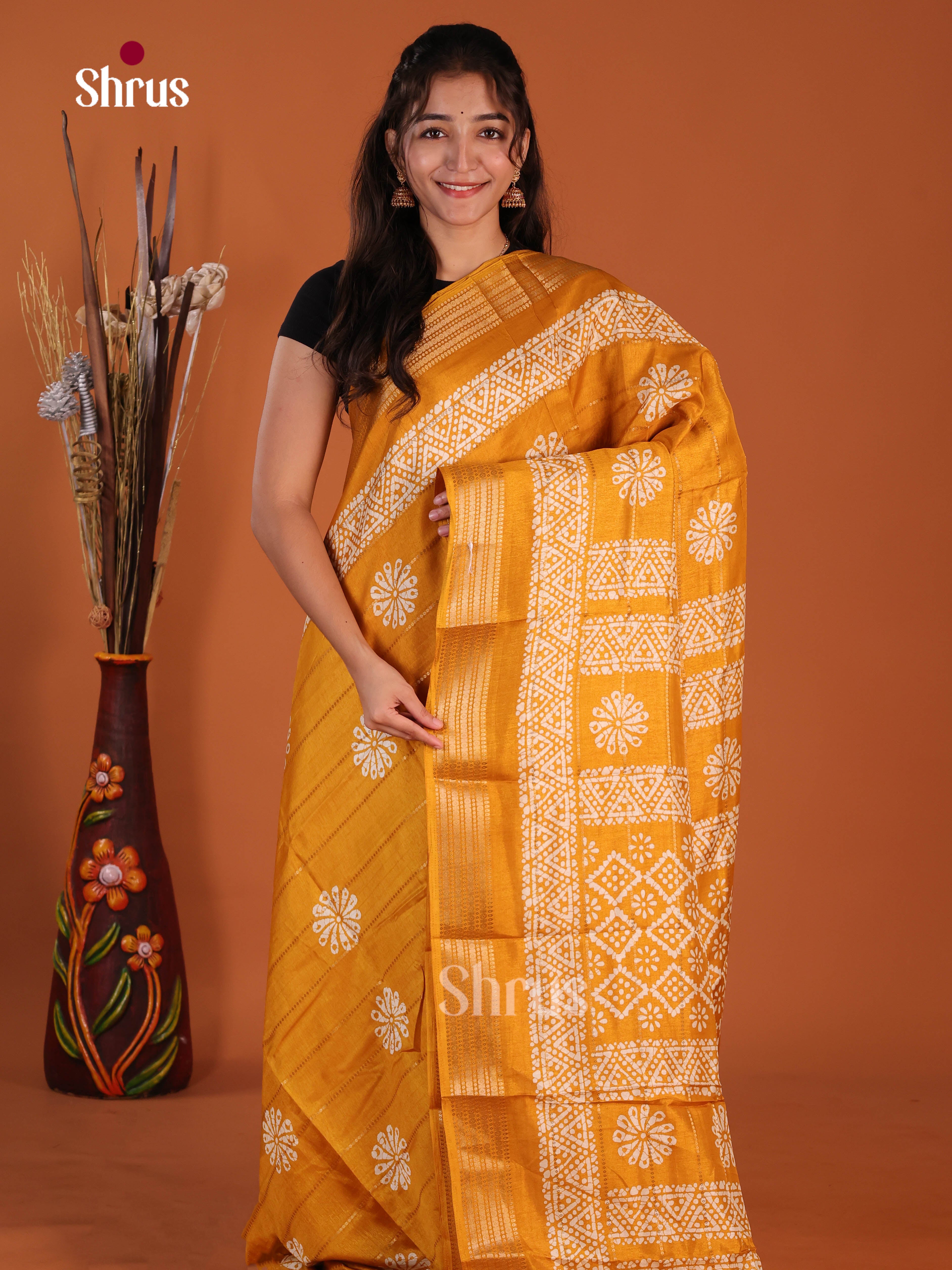 Mustard - Semi Crepe Saree