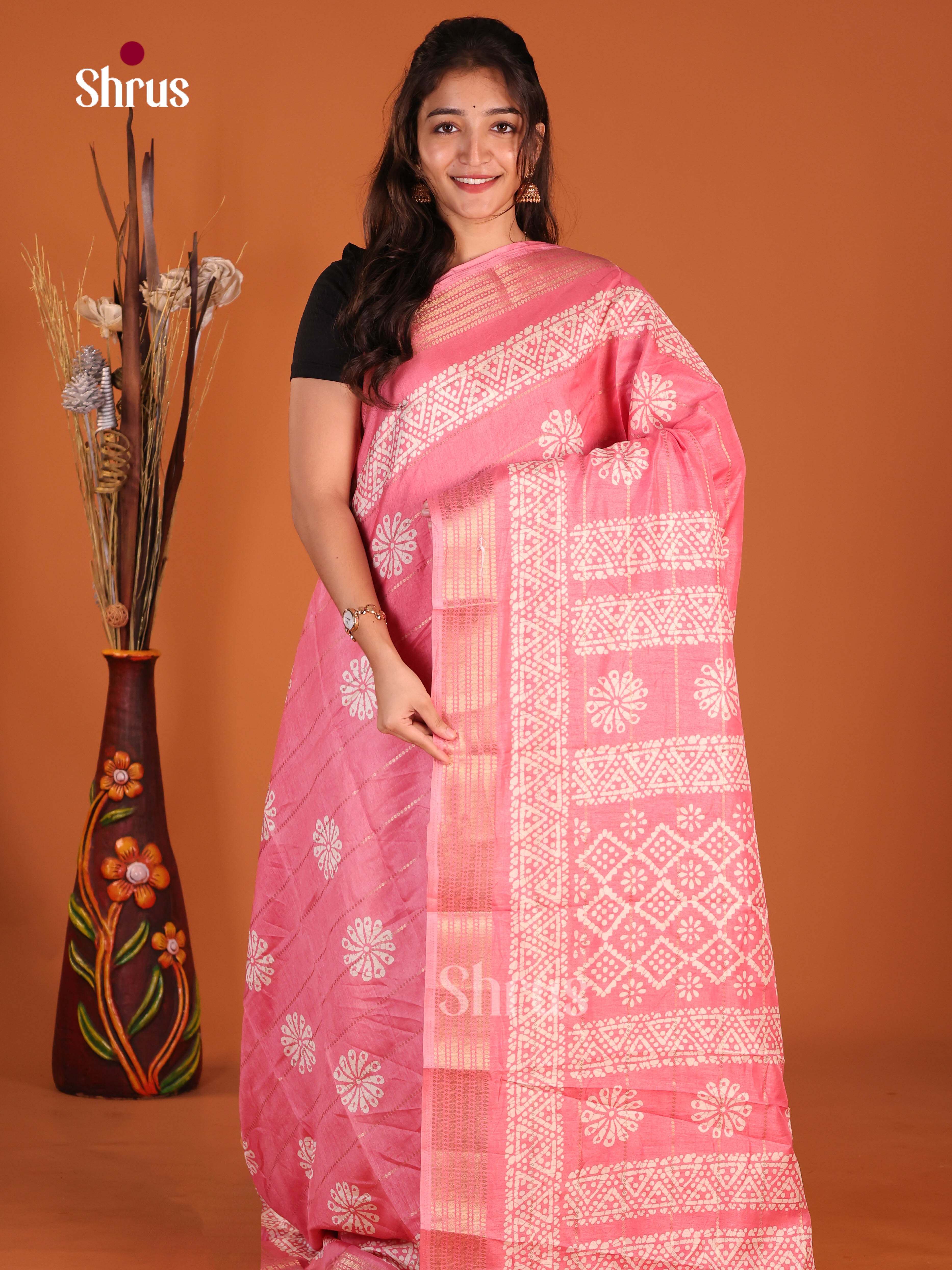 Pink - Semi Crepe Saree