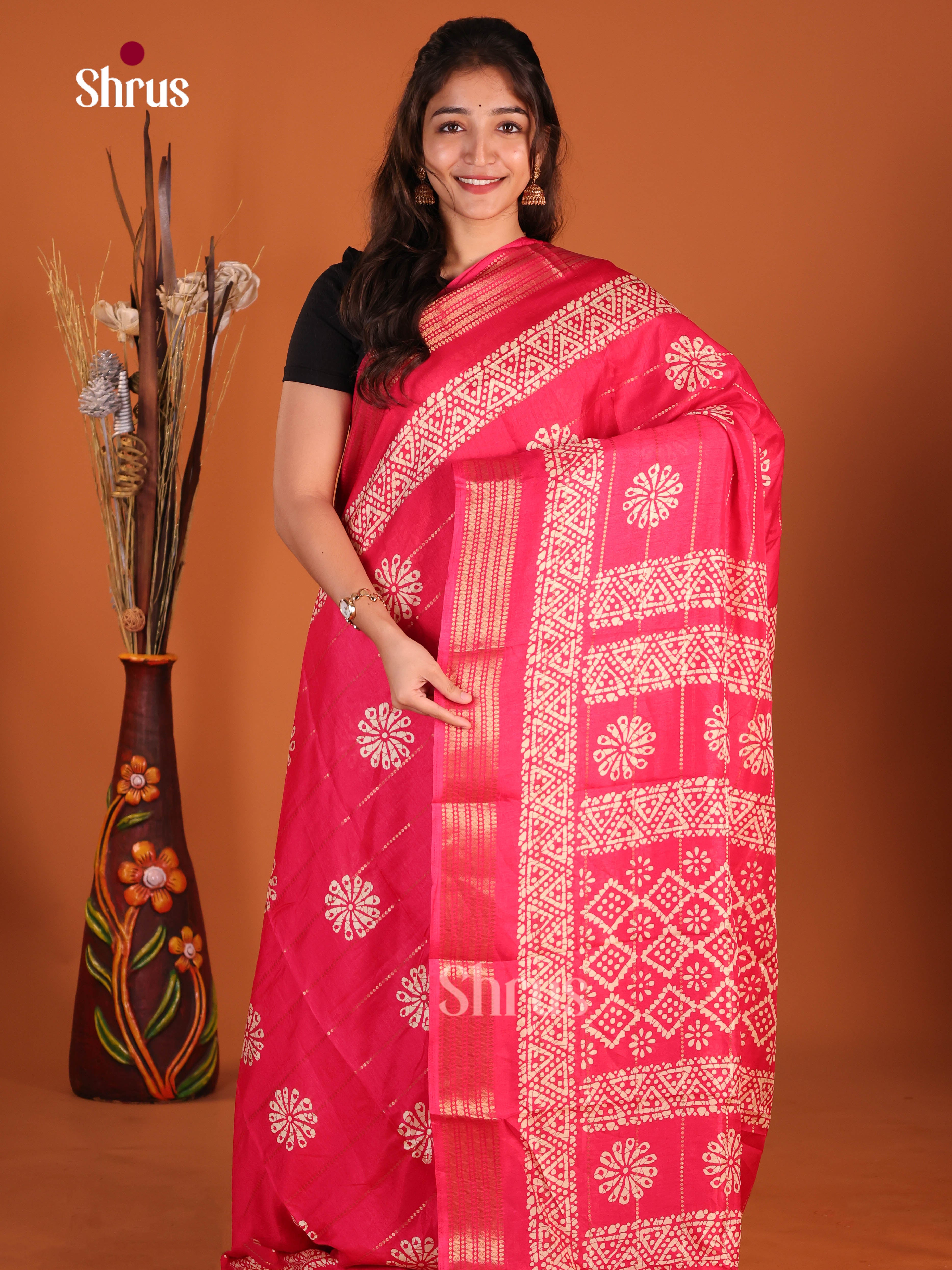 Pink - Semi Crepe Saree