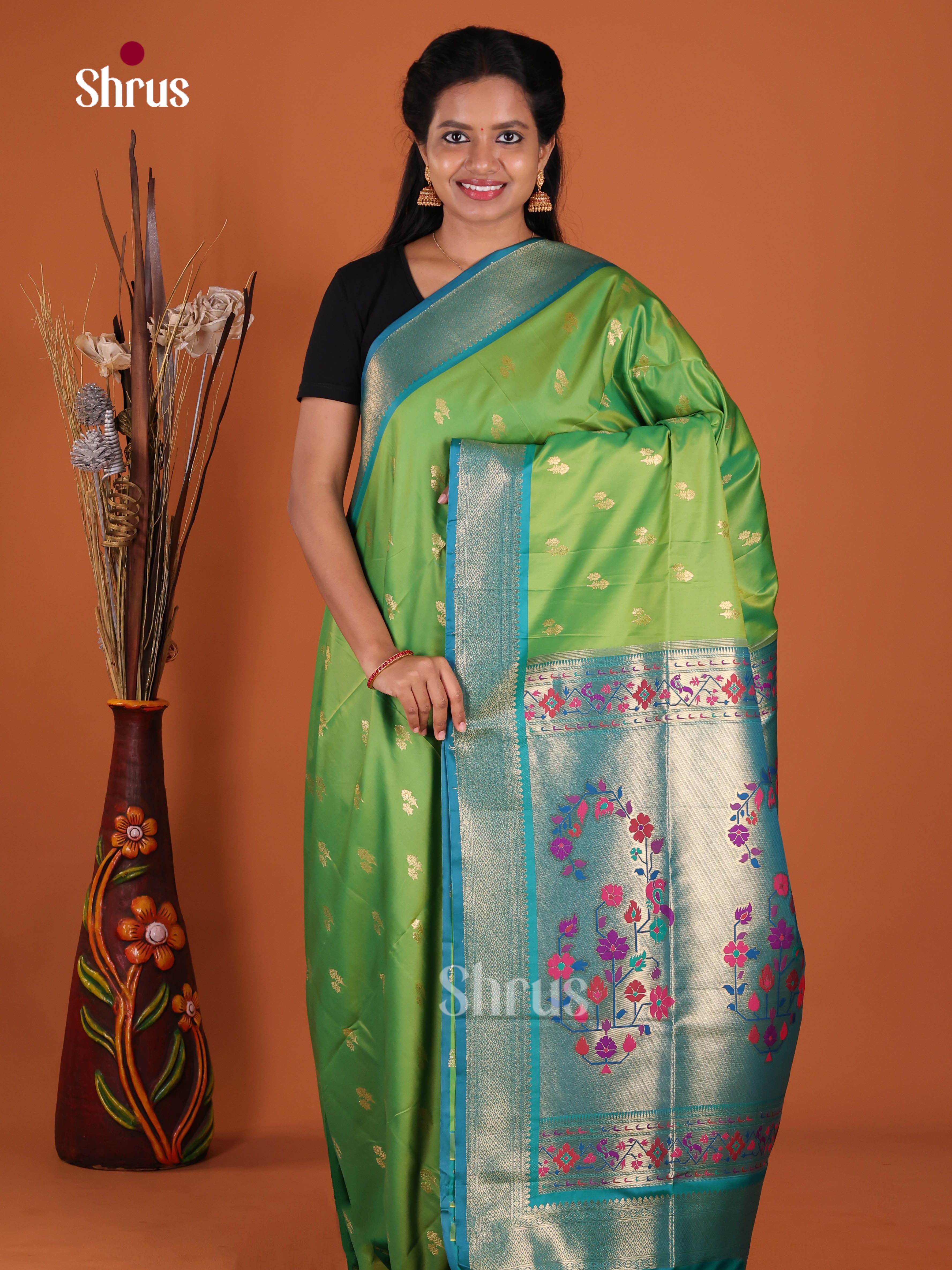 Light Green & Blue - Semi Softsilk Saree