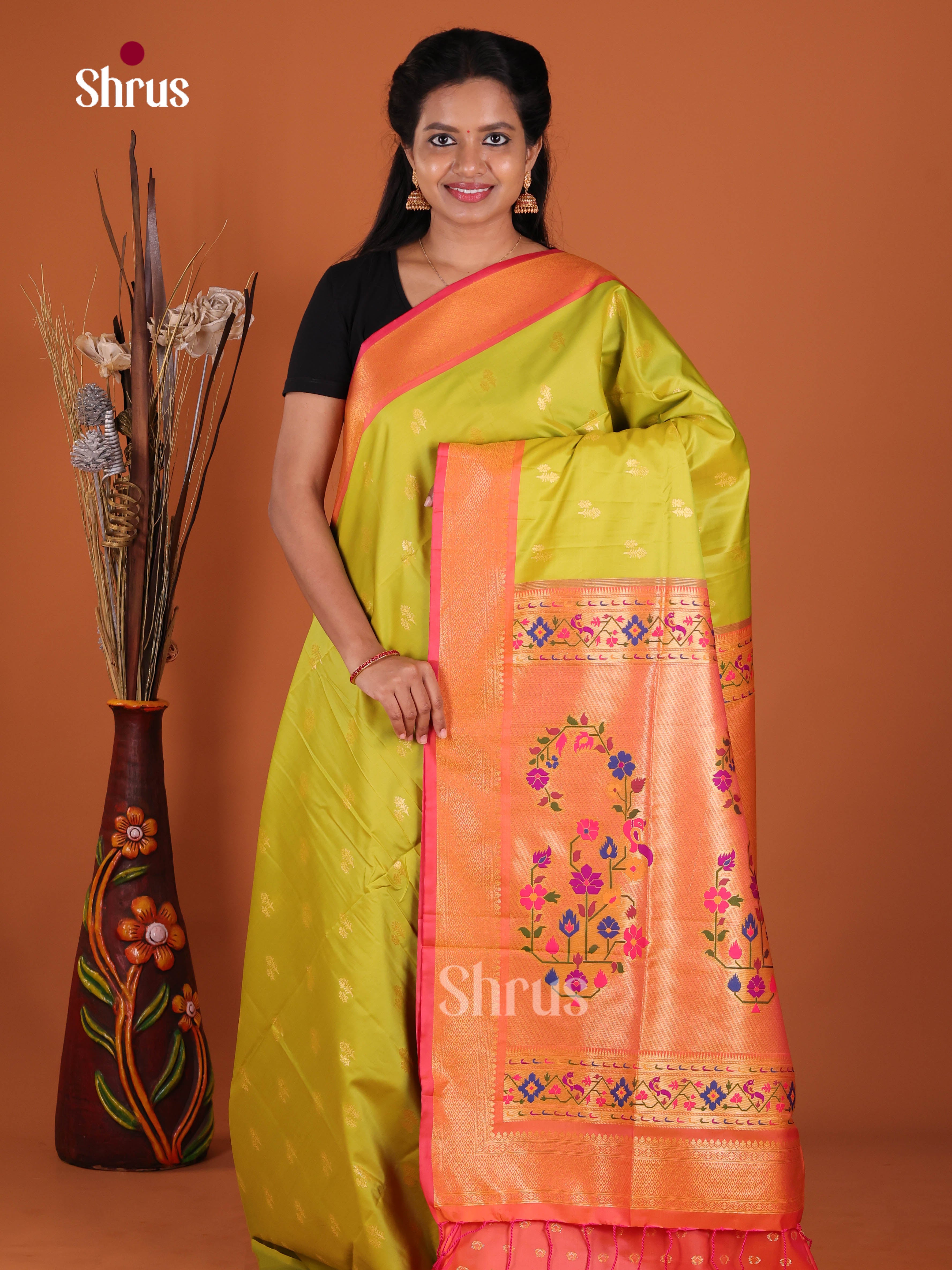 Green & Orange- Semi Softsilk Saree