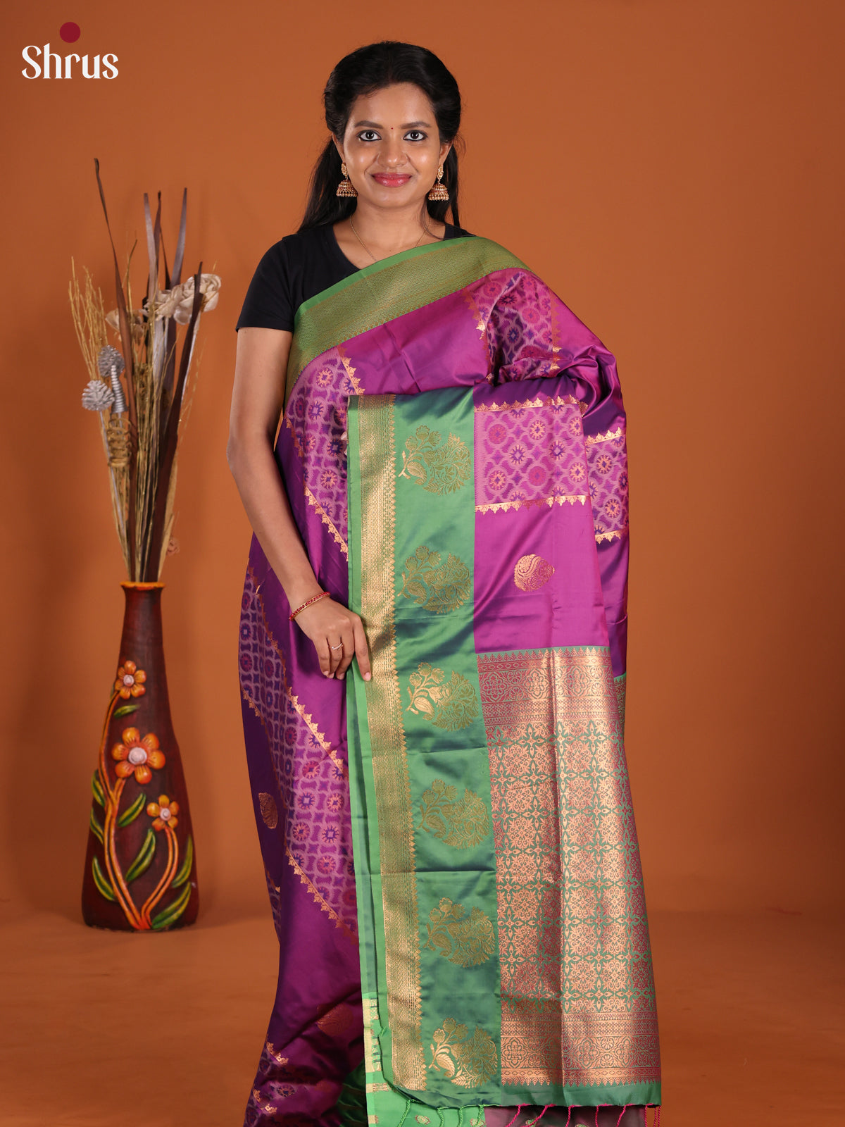 Purple & Green- Semi Softsilk Saree