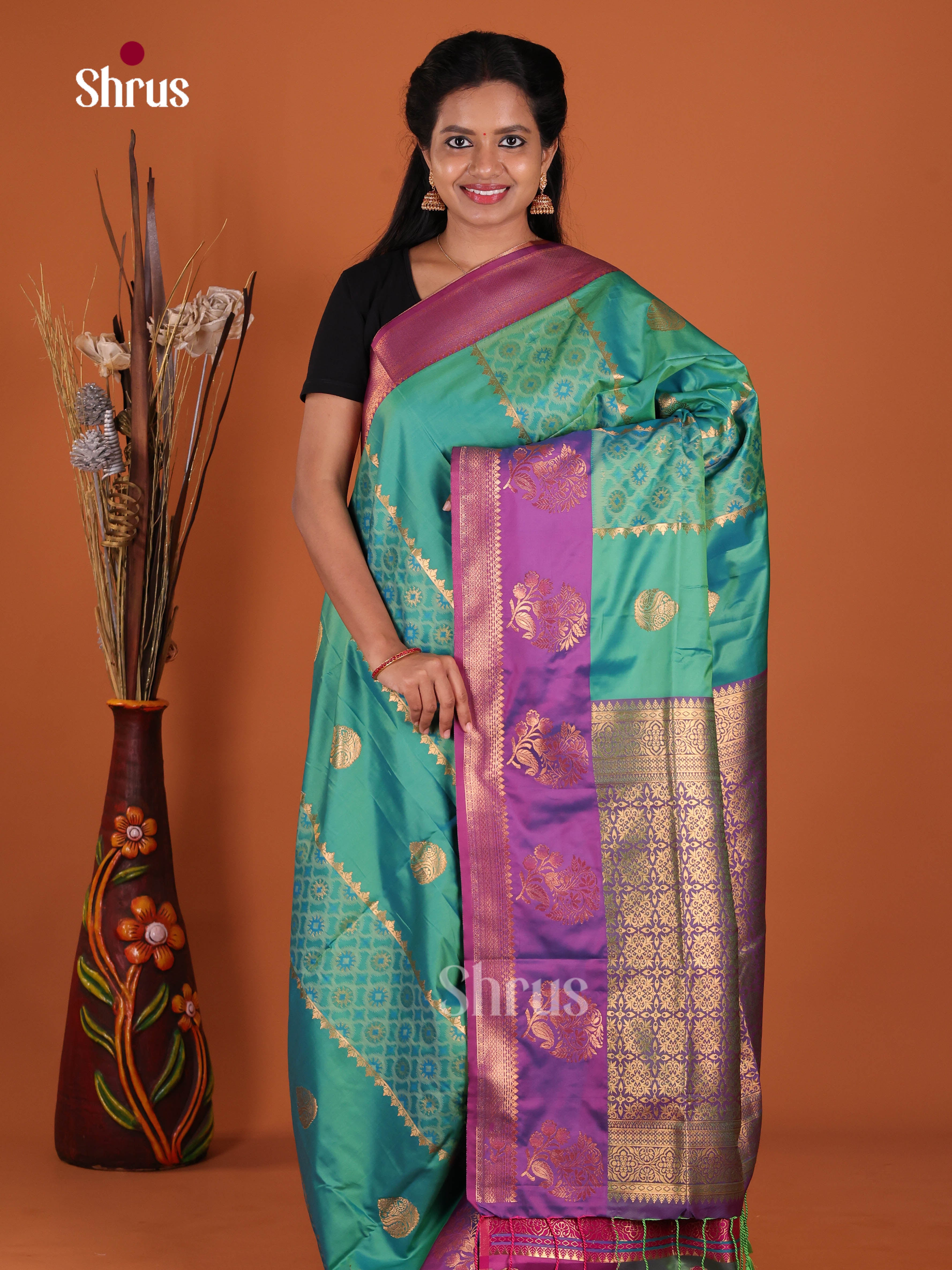 Green & Purple - Semi Softsilk Saree