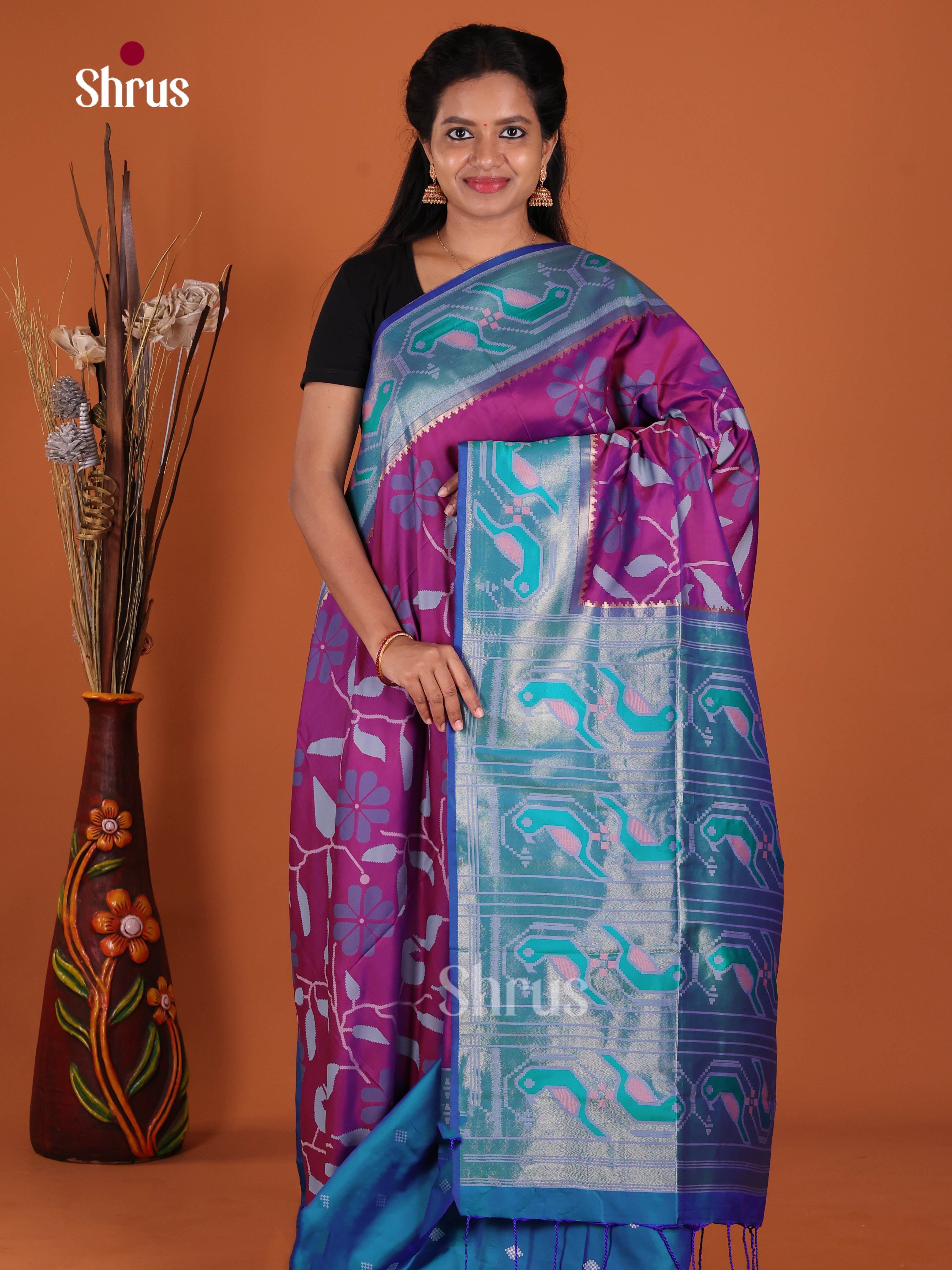 Purple & Blue - Semi Softsilk Saree