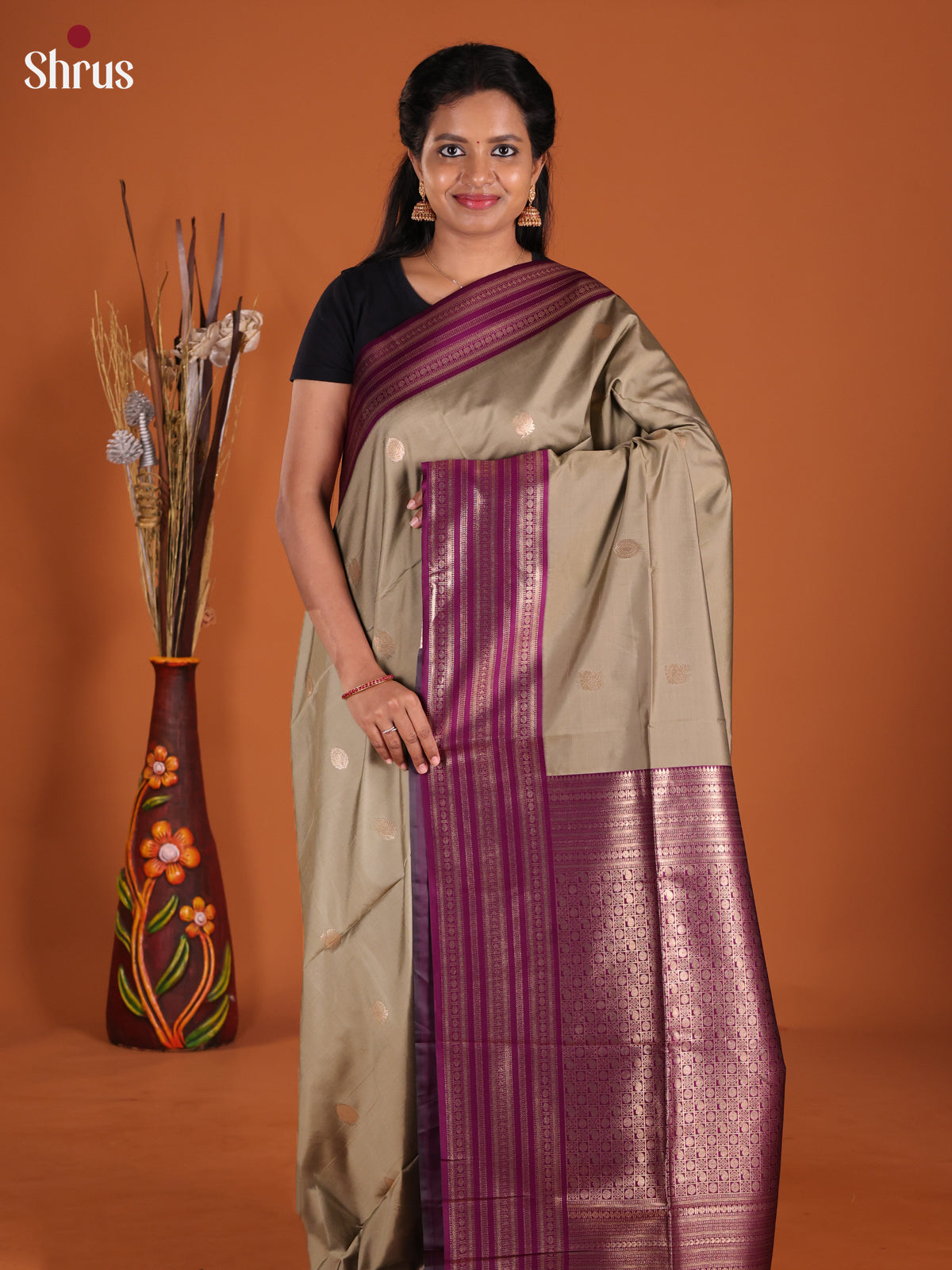 Grey & Violet - Semi Softsilk Saree - Shop on Shrus.com
