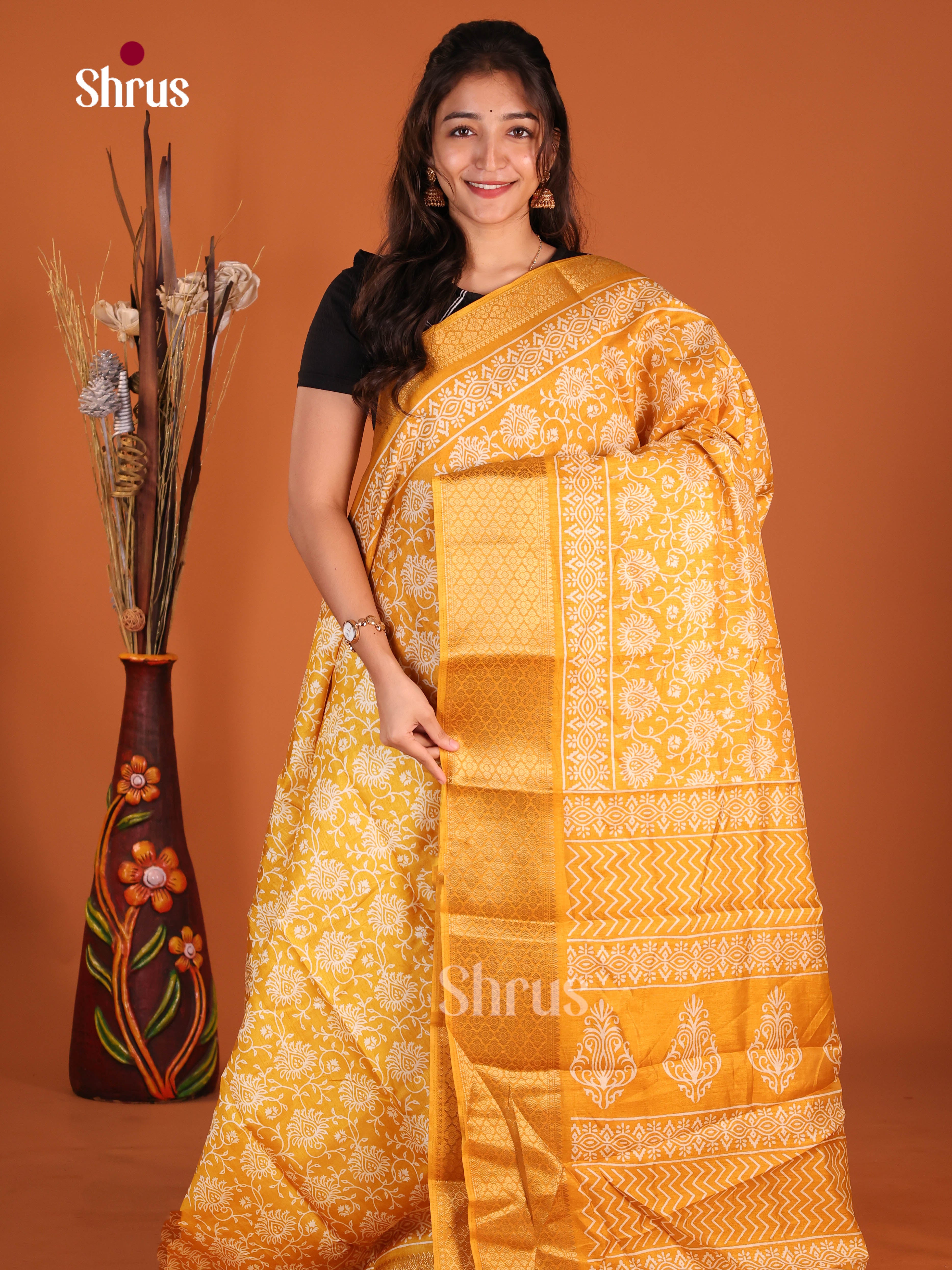 Yellow - Semi Crepe Saree - Shop on Shrus.com