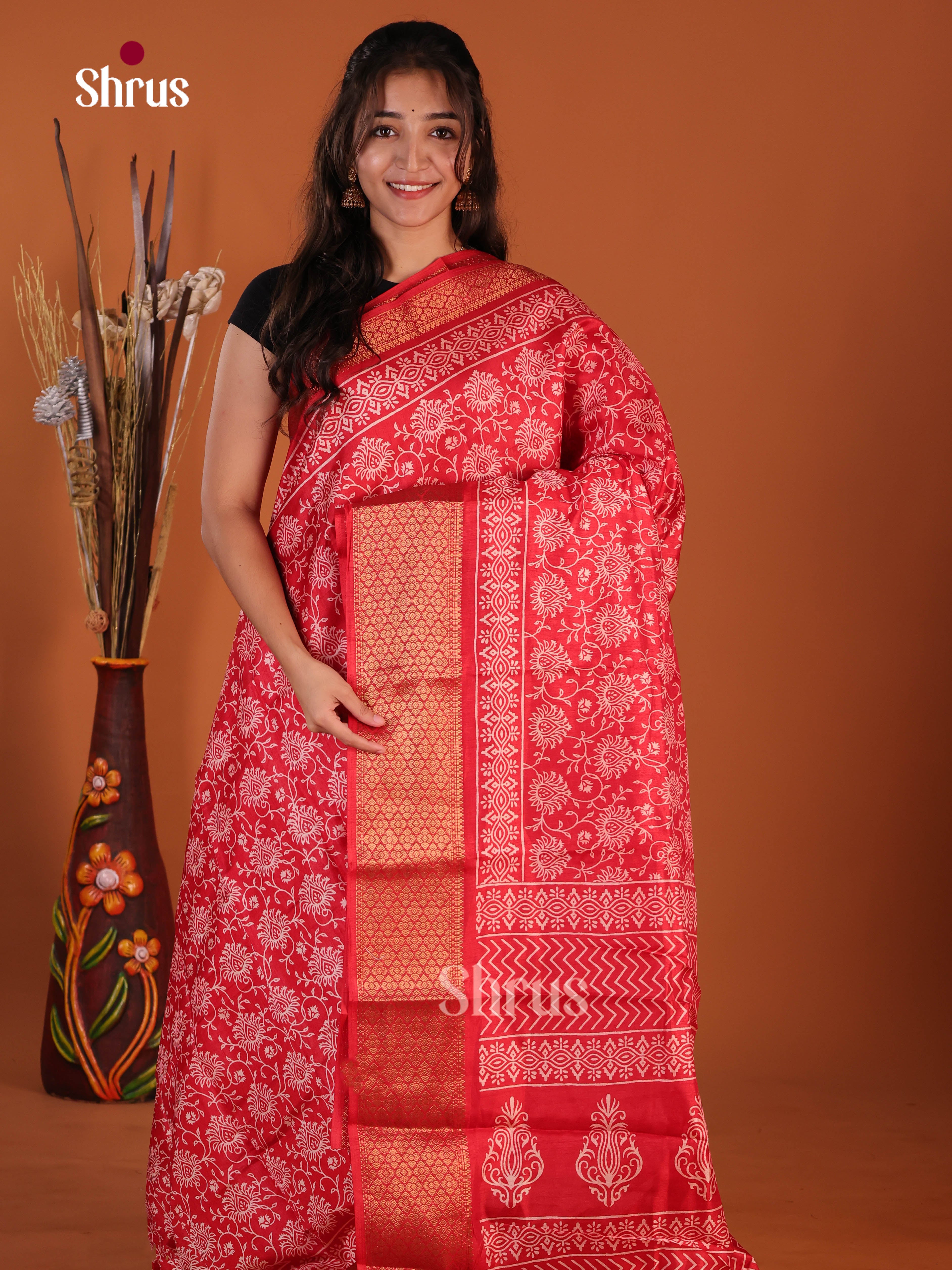 Red - Semi Crepe Saree
