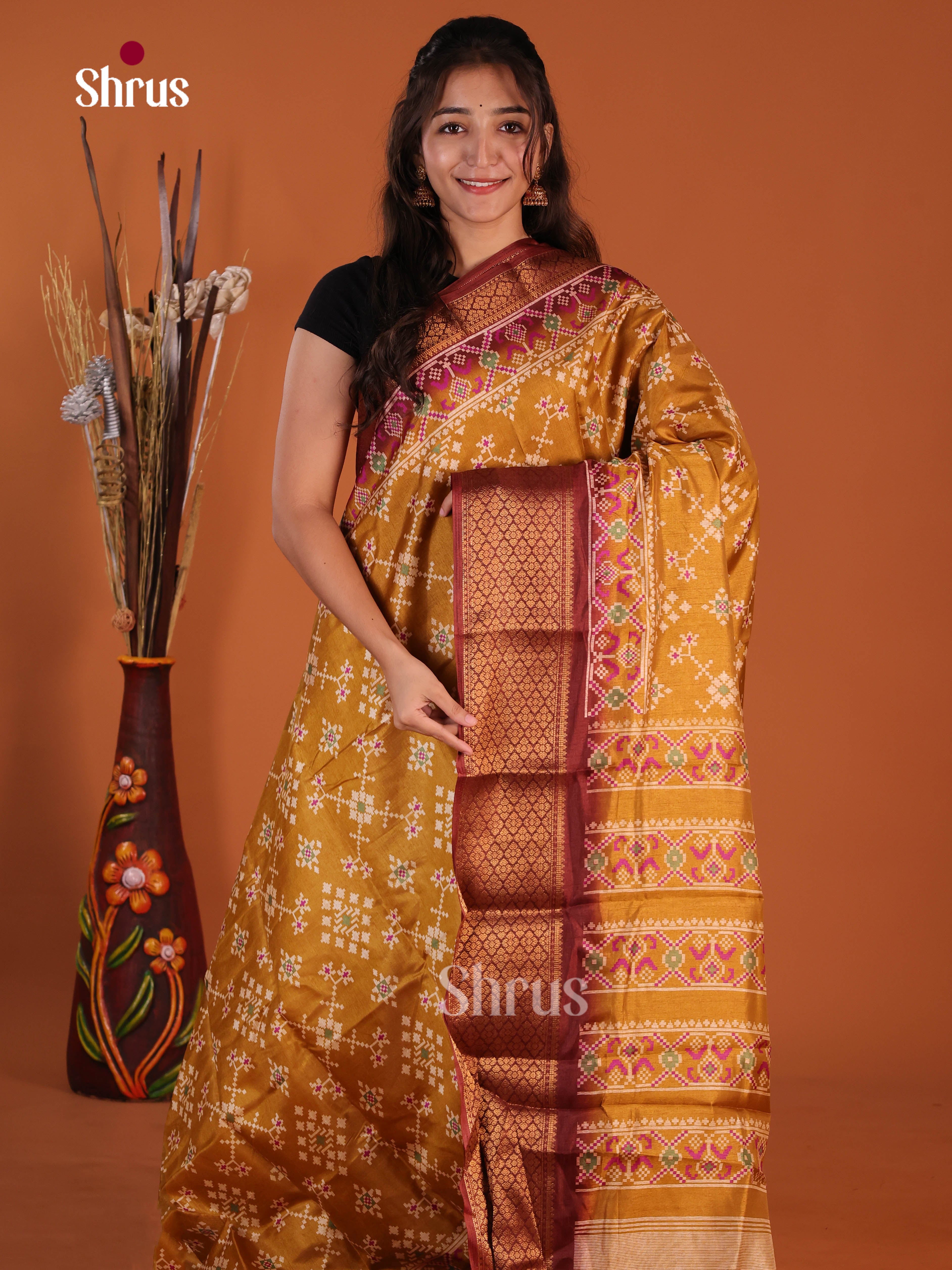 Mustard & Maroon - Semi Crepe Saree - Shop on Shrus.com