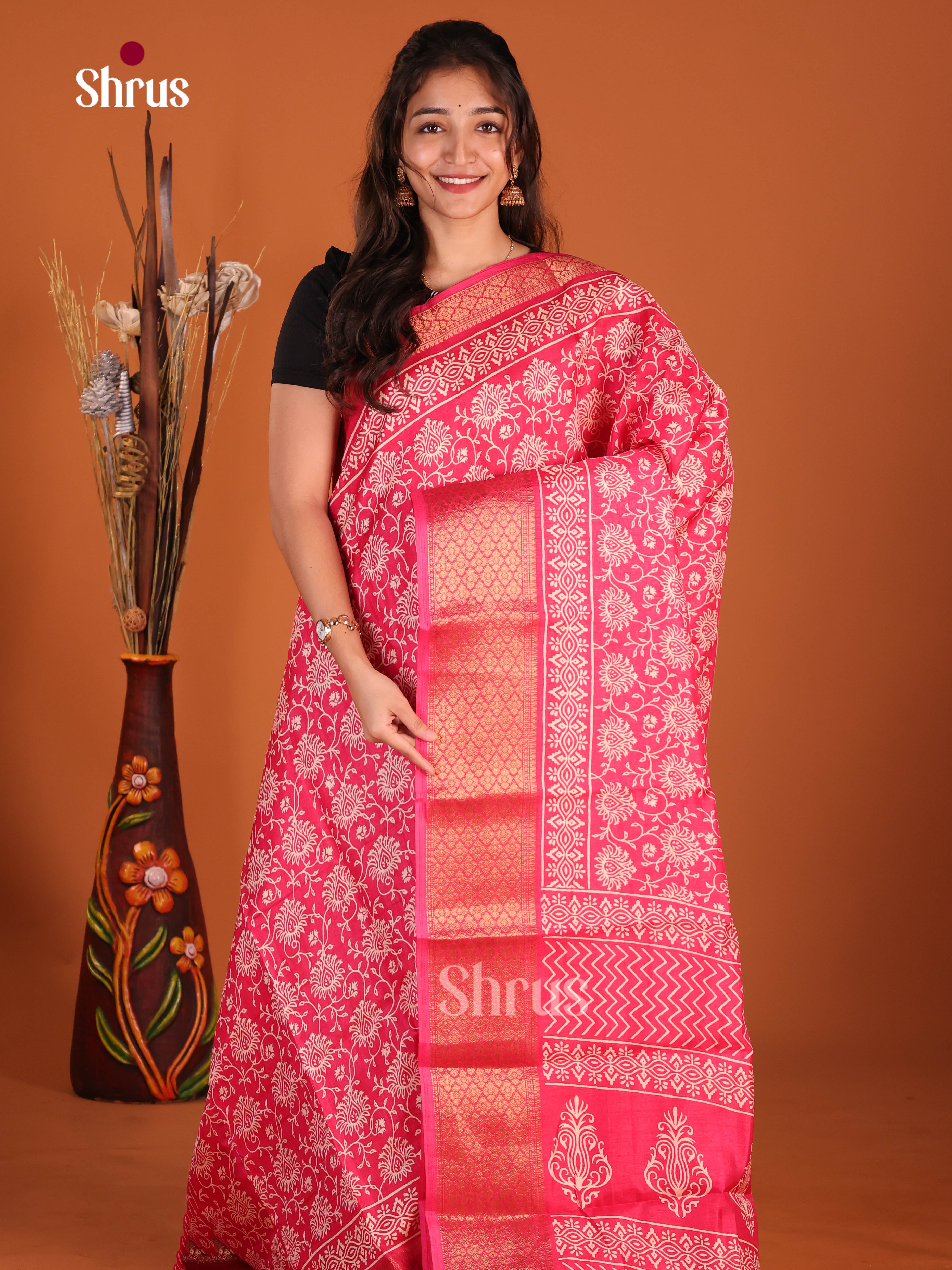 Pink - Semi Crepe Saree