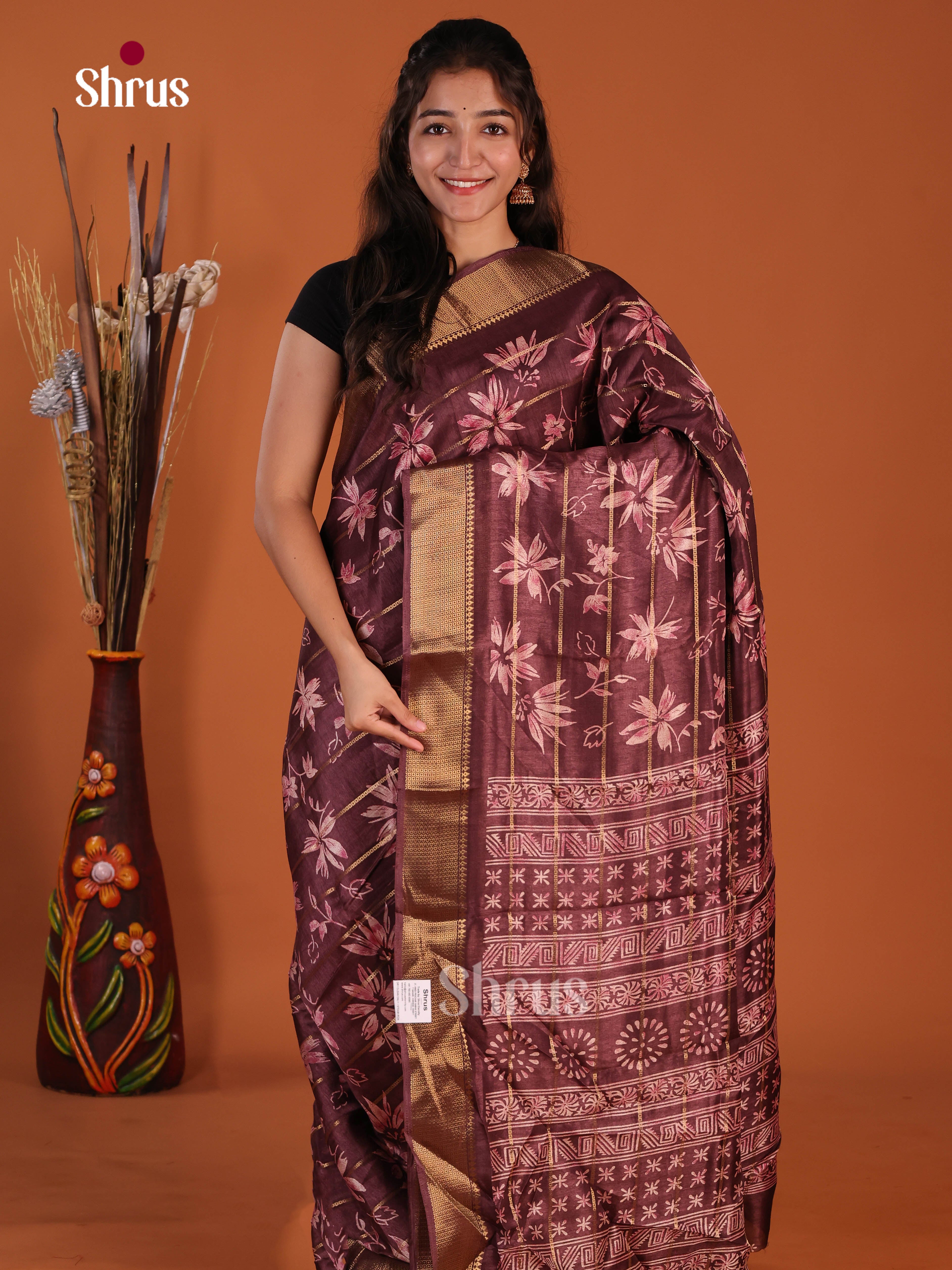 Brown - Semi Crepe Saree