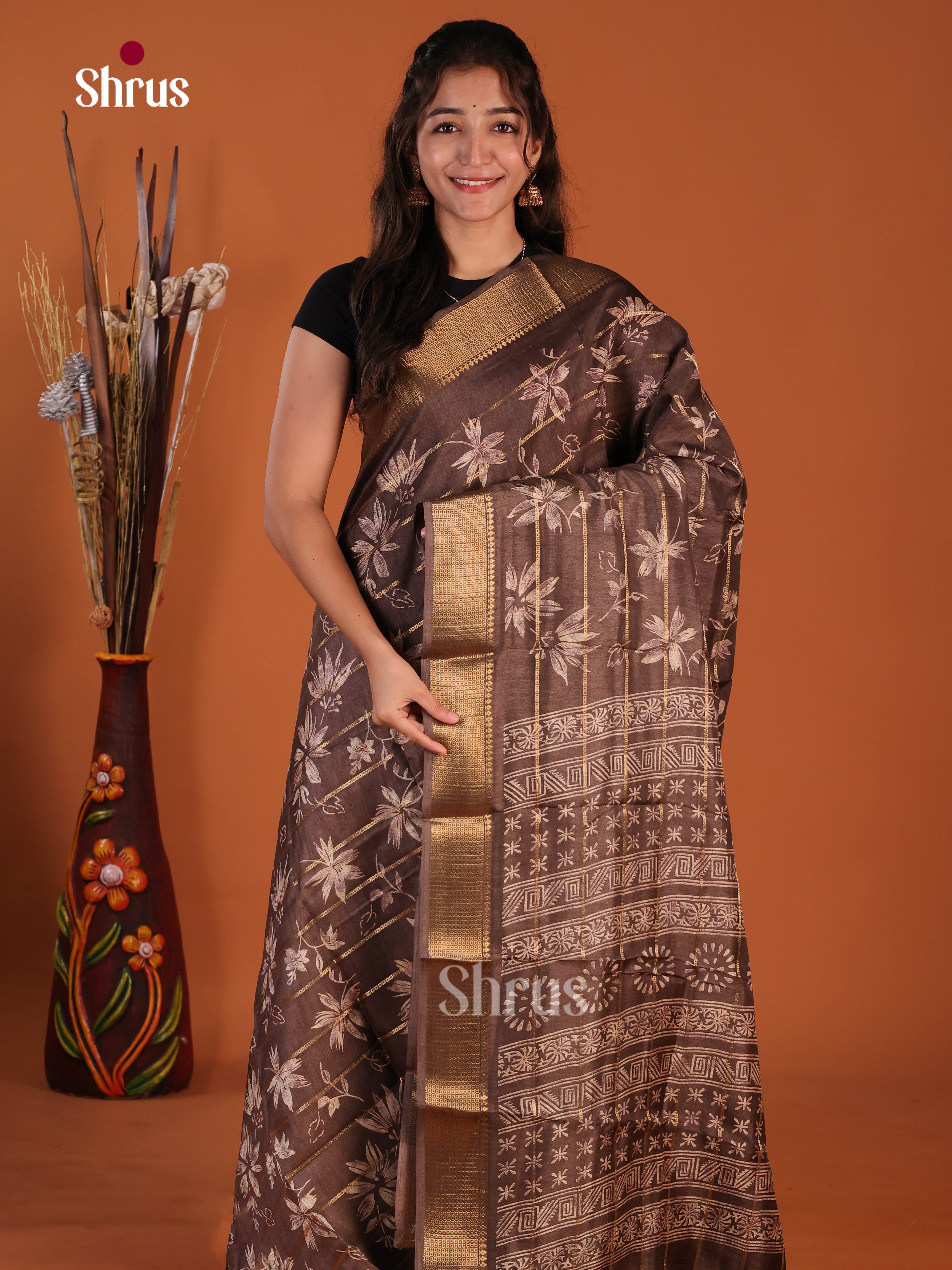 Brown - Semi Crepe Saree