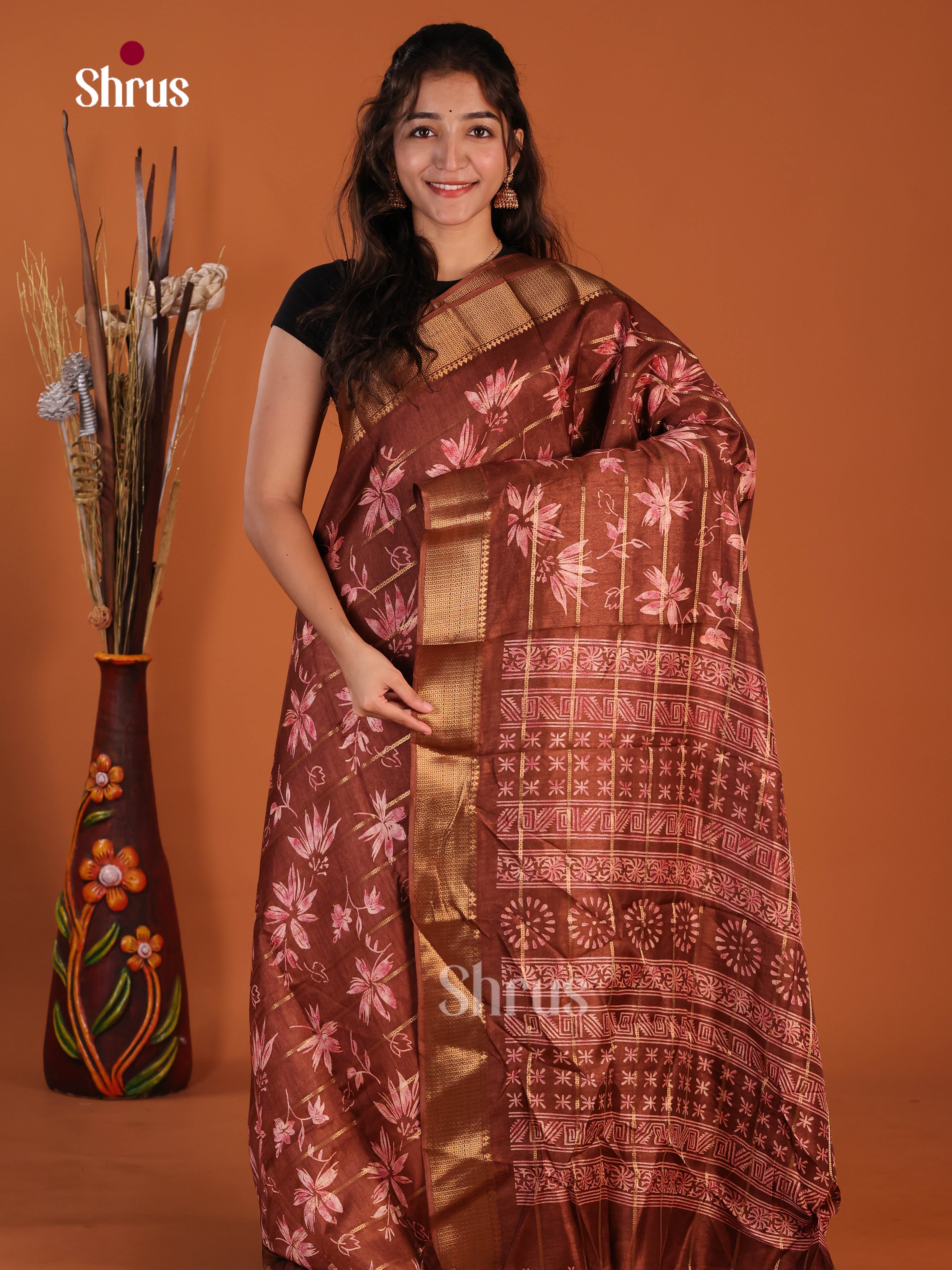 Brown - Semi Crepe Saree