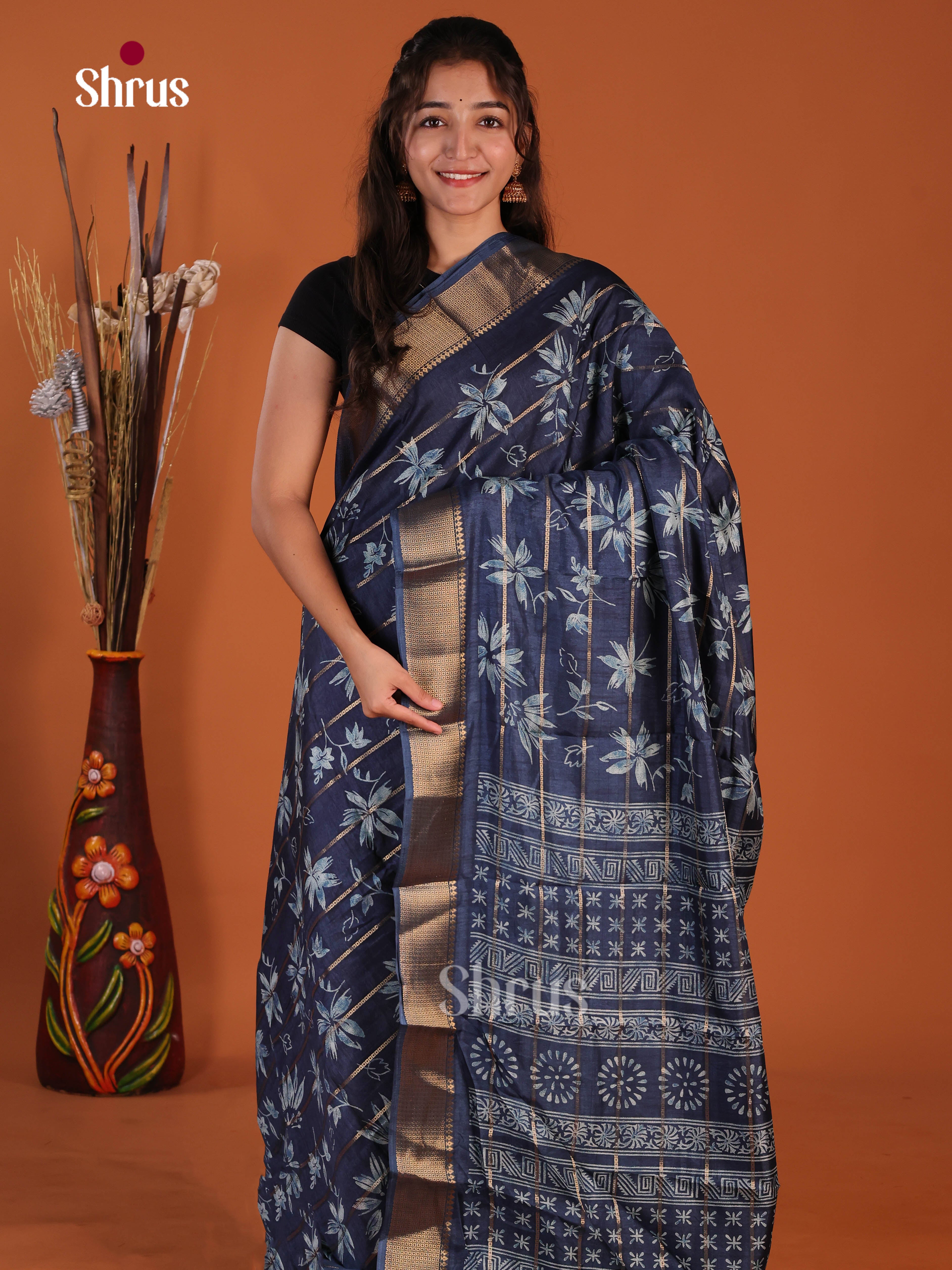 Blue - Semi Crepe Saree