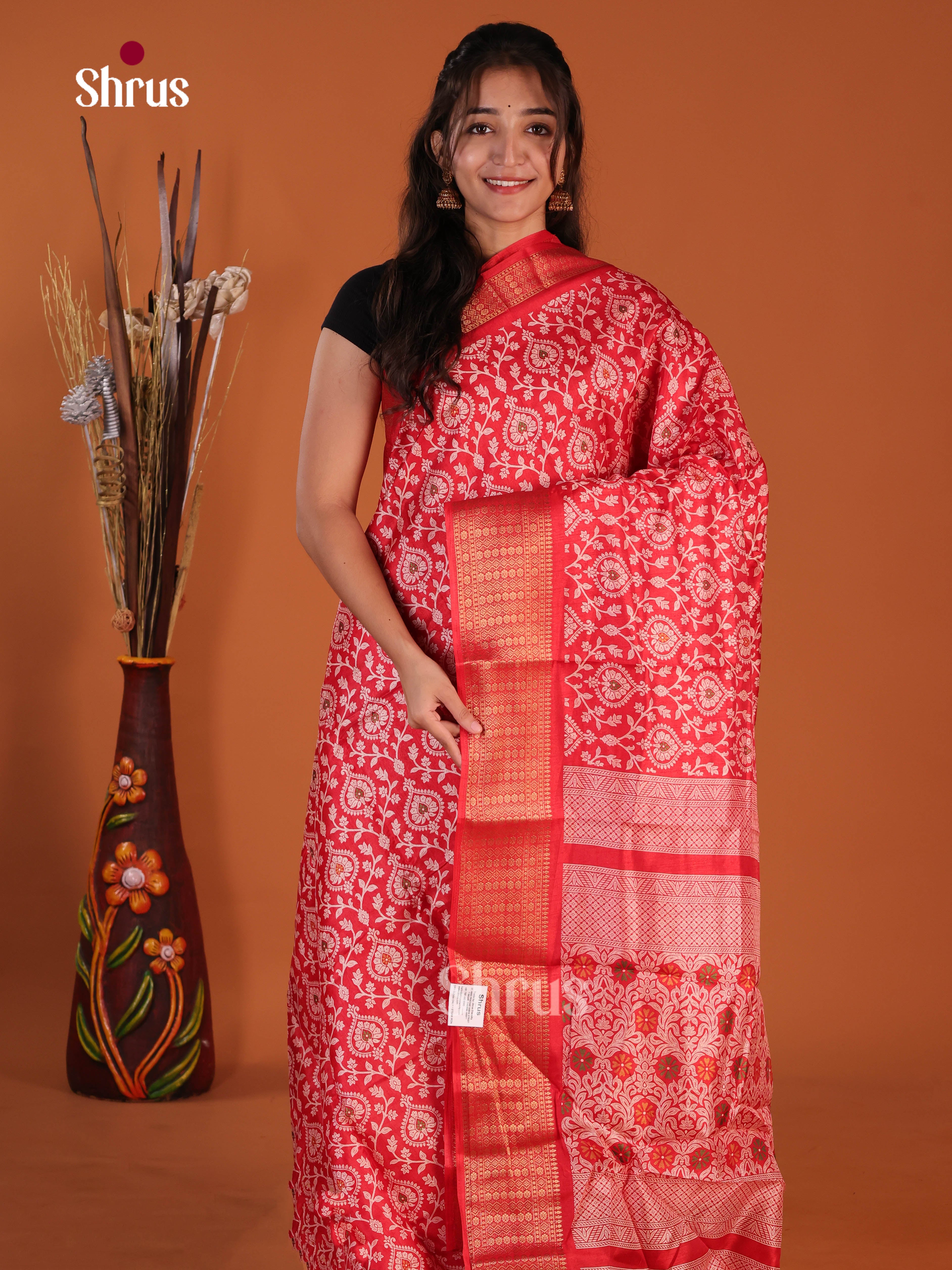Red - Semi Crepe Saree