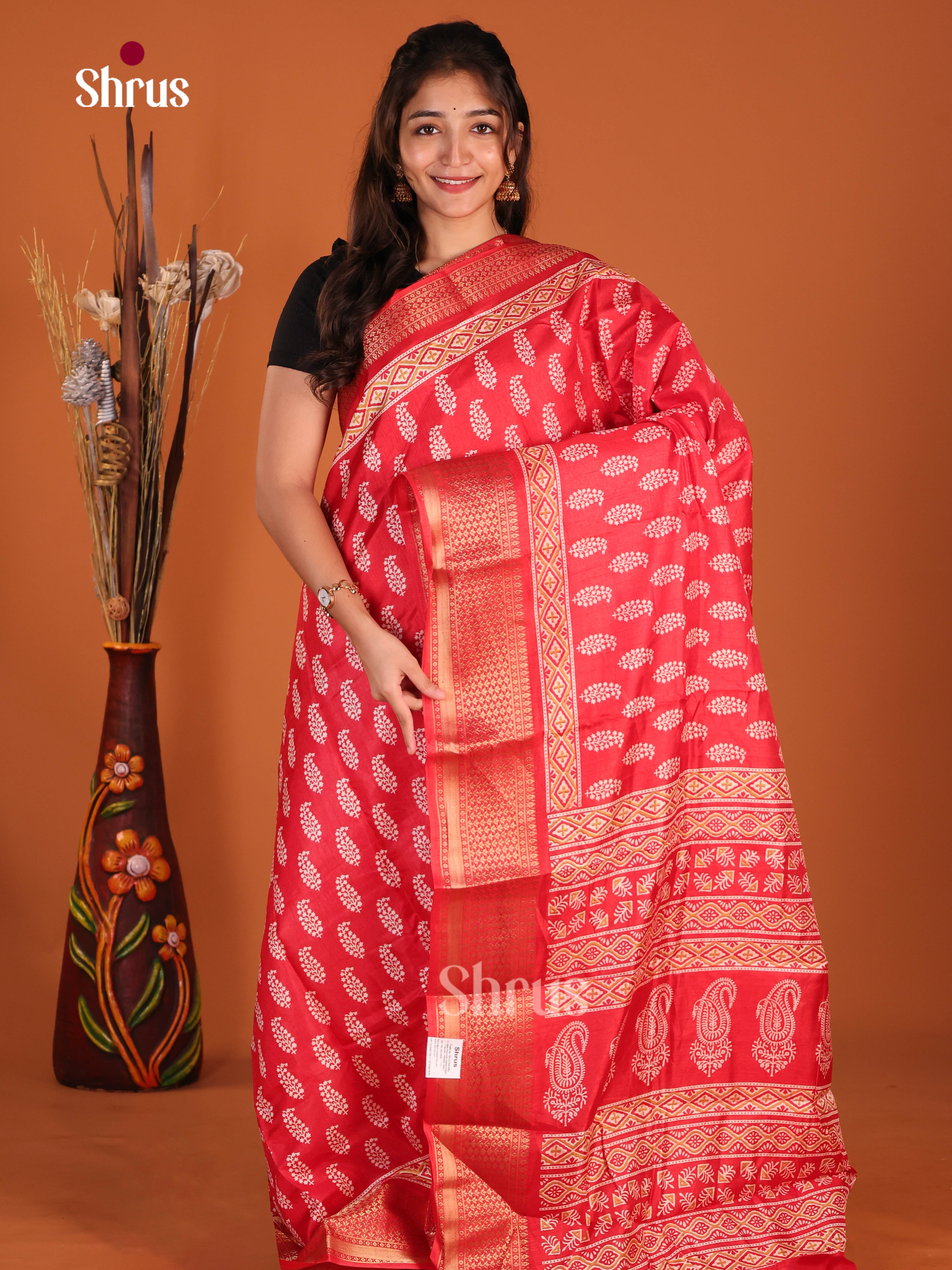 Red - Semi Crepe Saree - Shop on Shrus.com