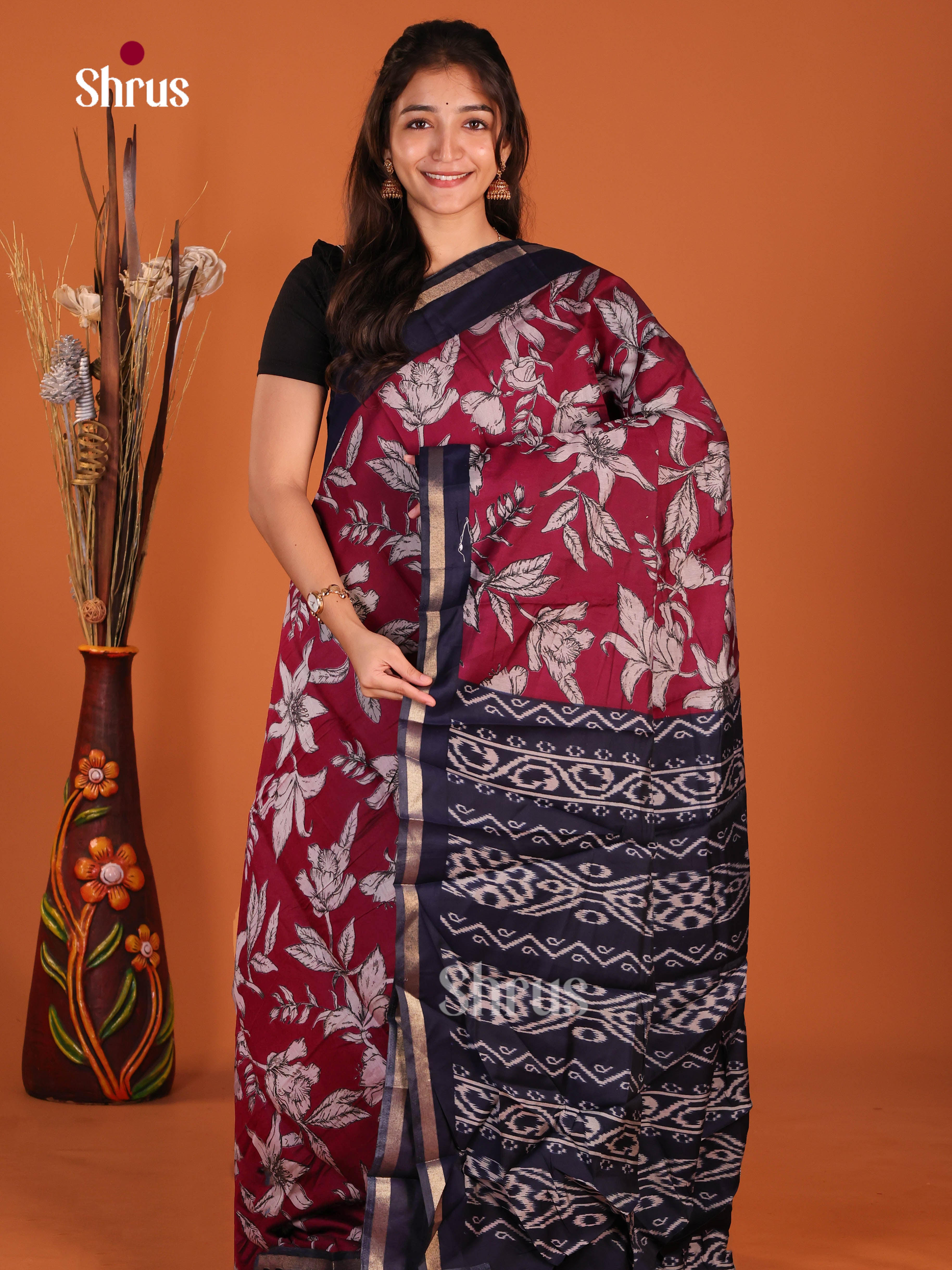 Maroon & Blue - Art Modal Saree - Shop on Shrus.com