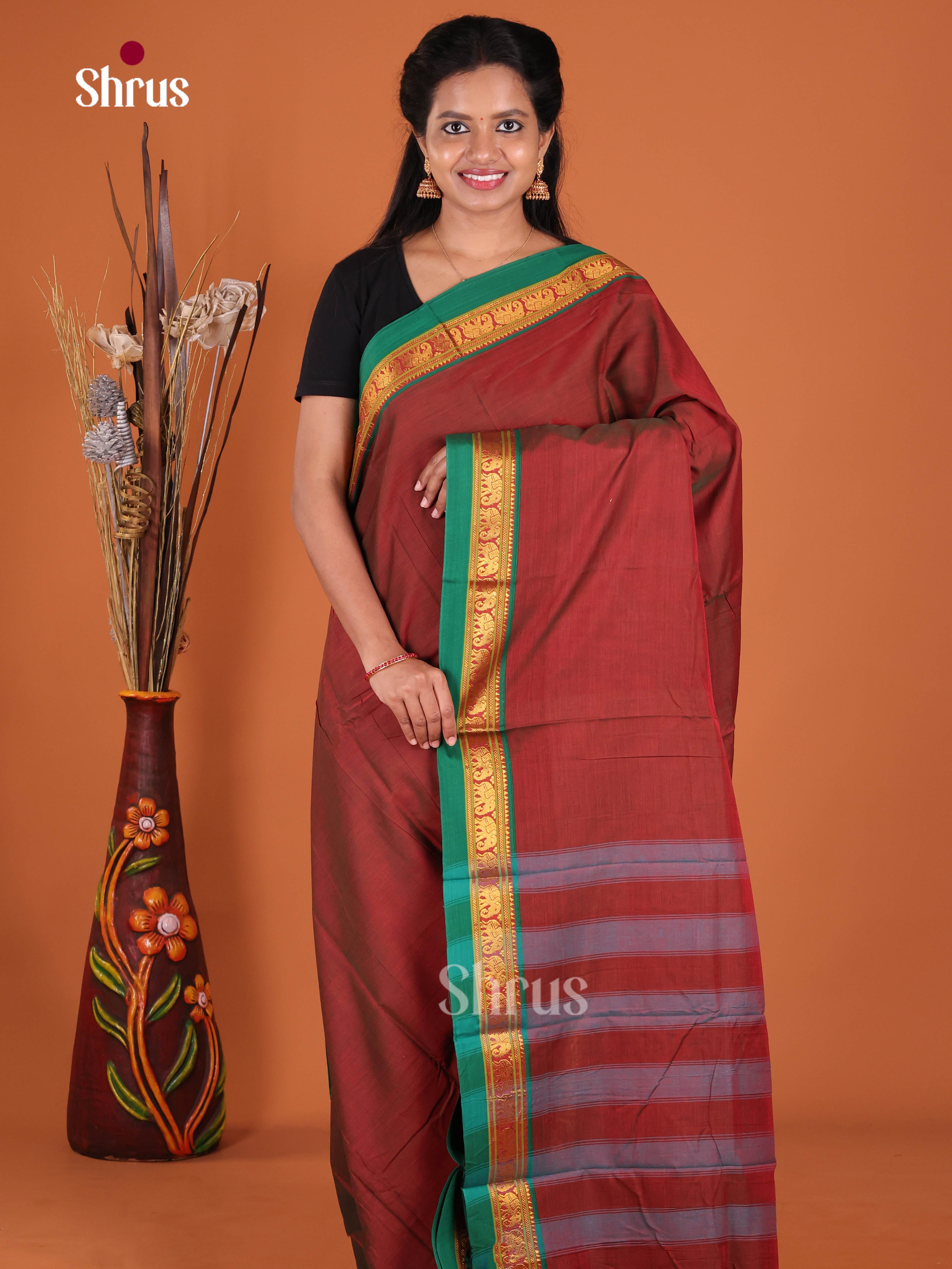 Maroon & Green - Narayanpet Cotton Saree
