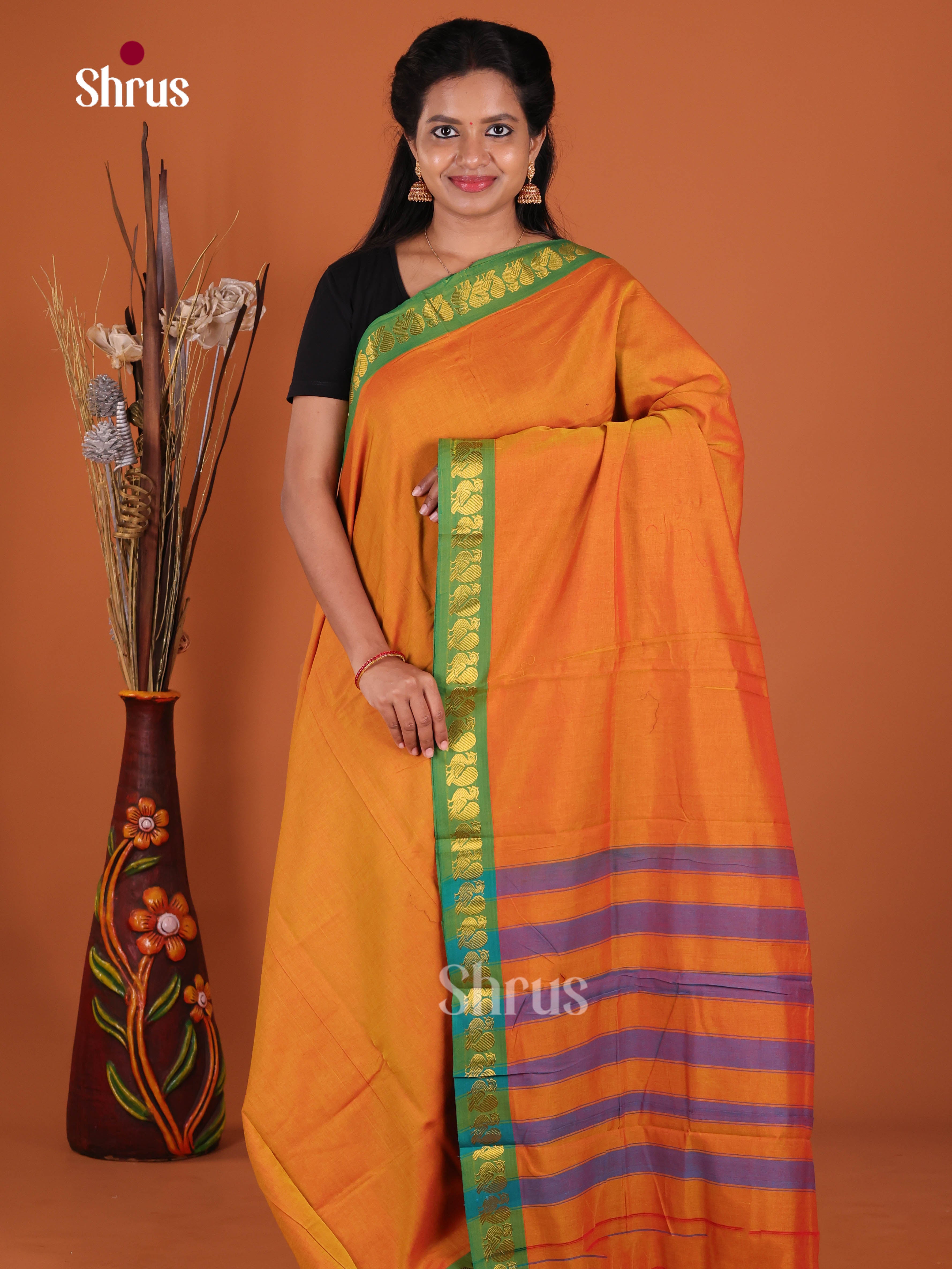 Orange & Green - Narayanpet Cotton Saree