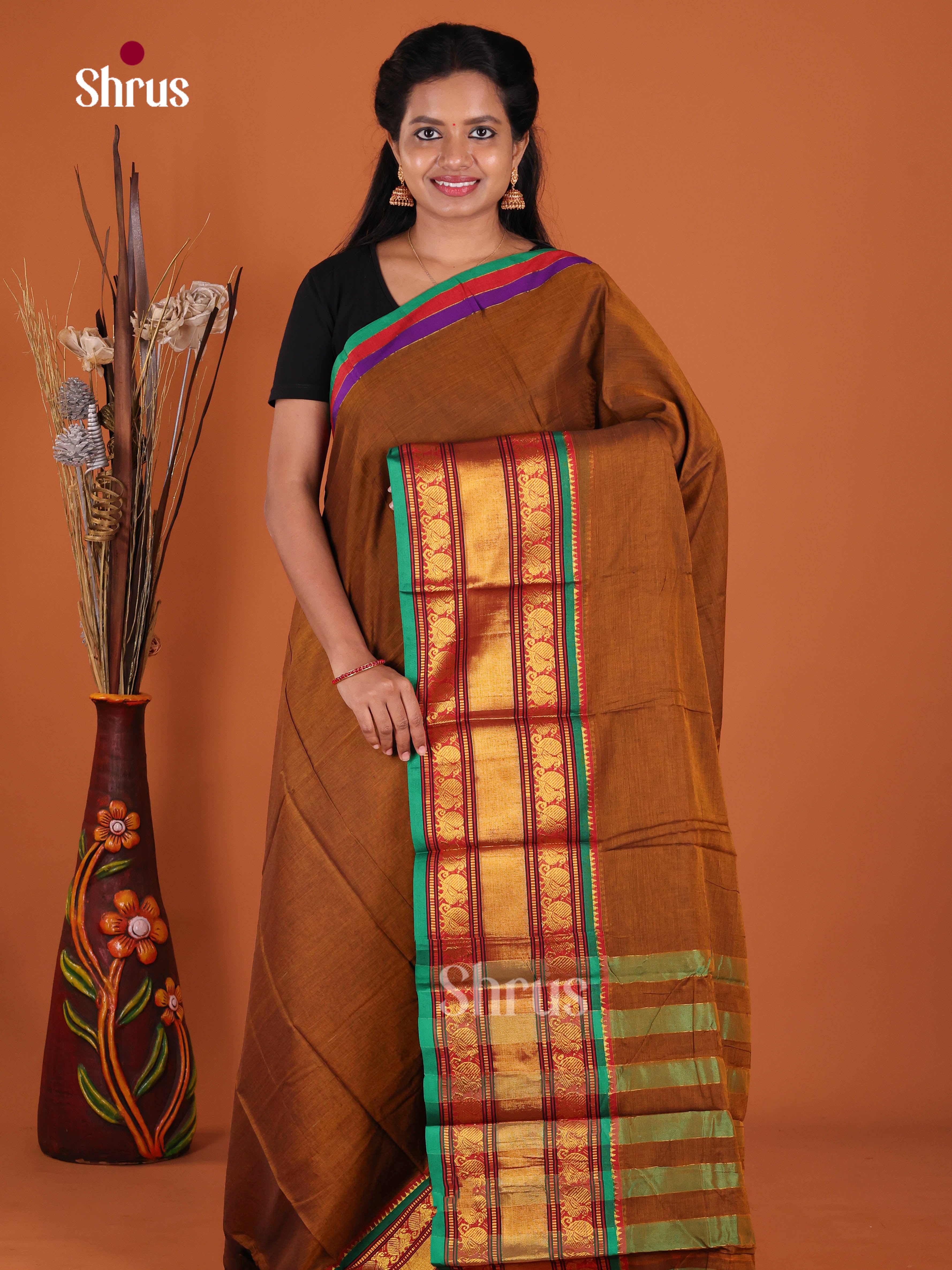 Dark Mustard & Green - Narayanpet Cotton Saree