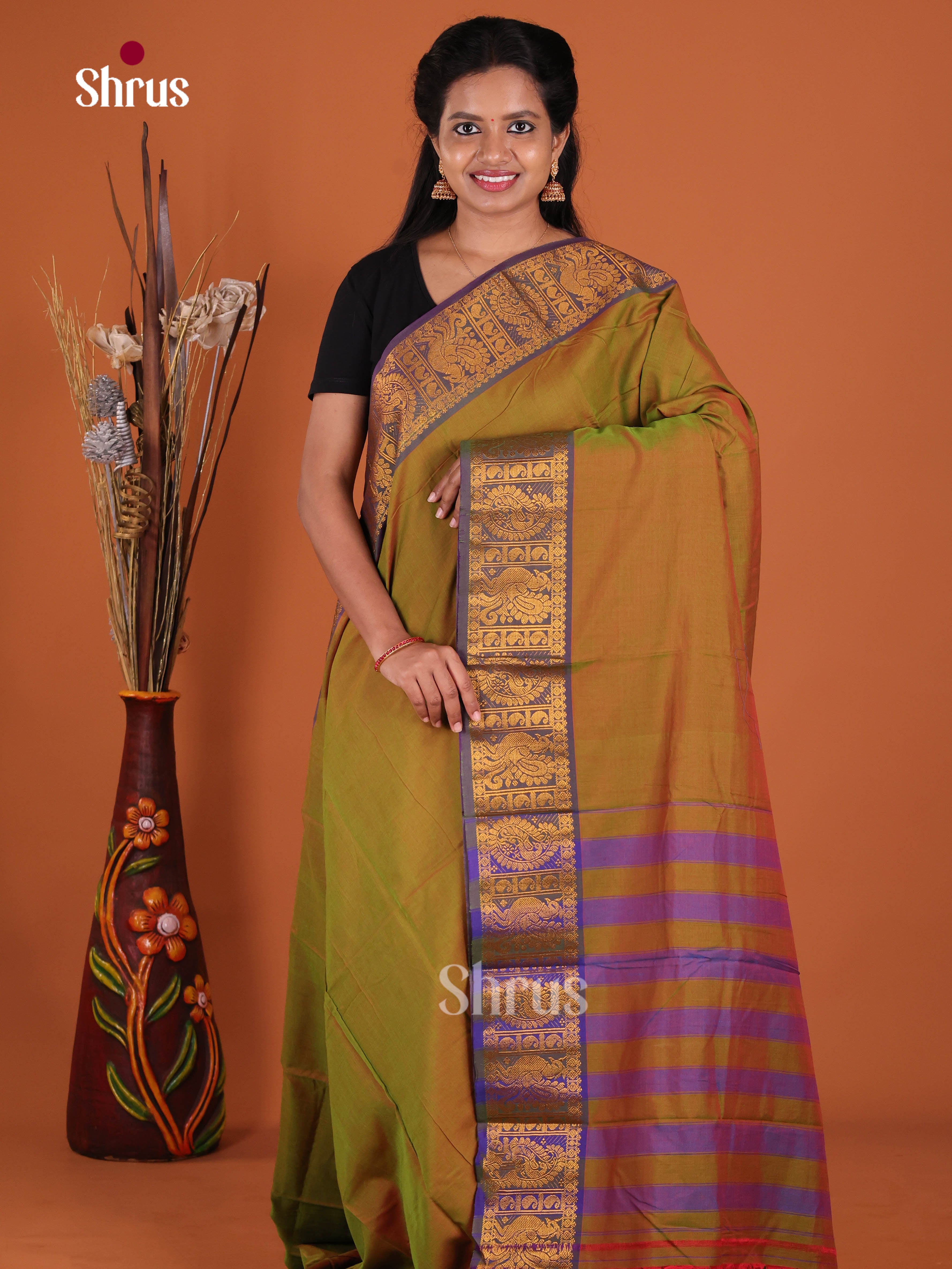 Double shaded green & Purple - Narayanpet Cotton Saree