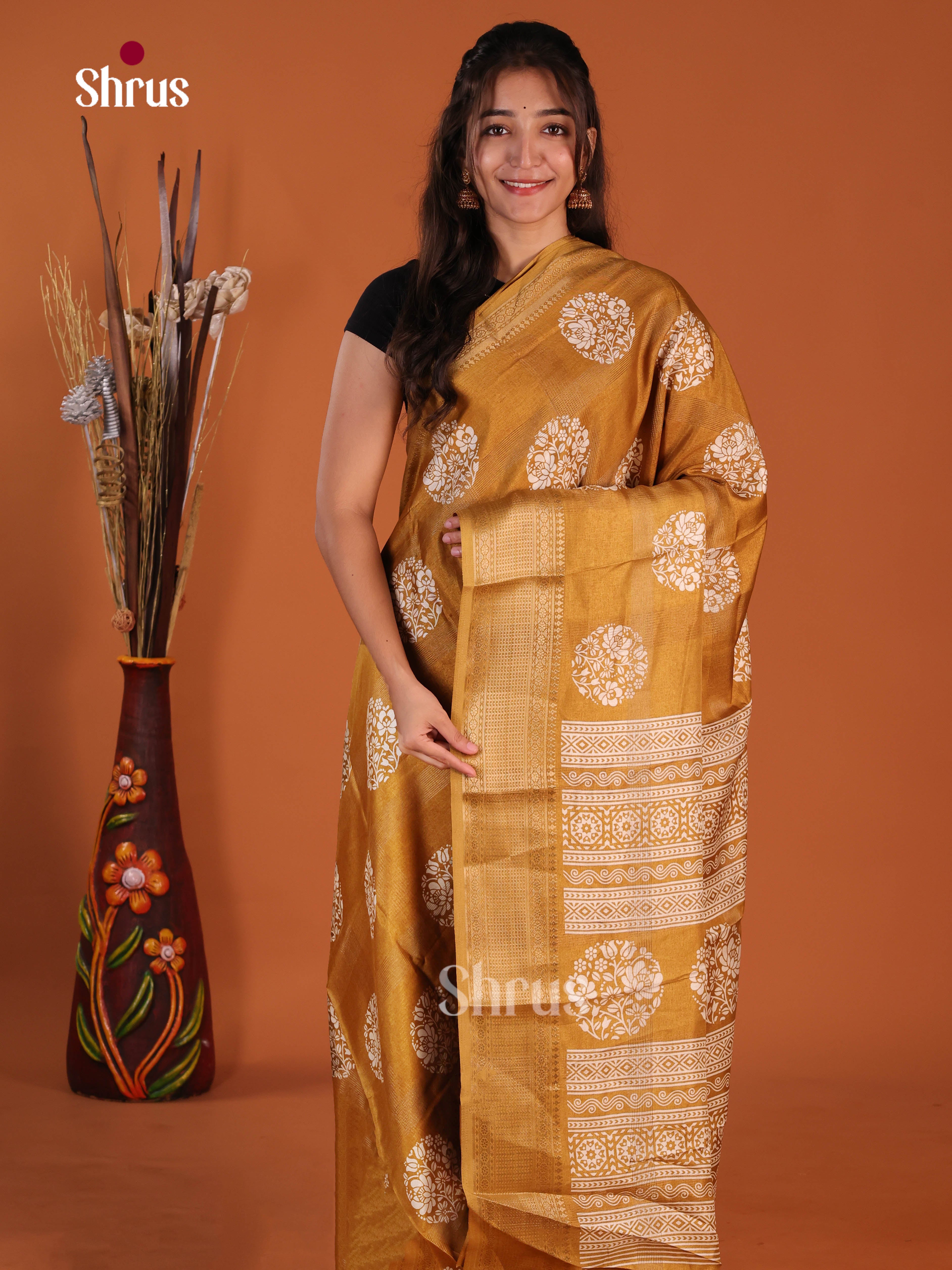 Mustard- Semi Crepe Saree - Shop on Shrus.com