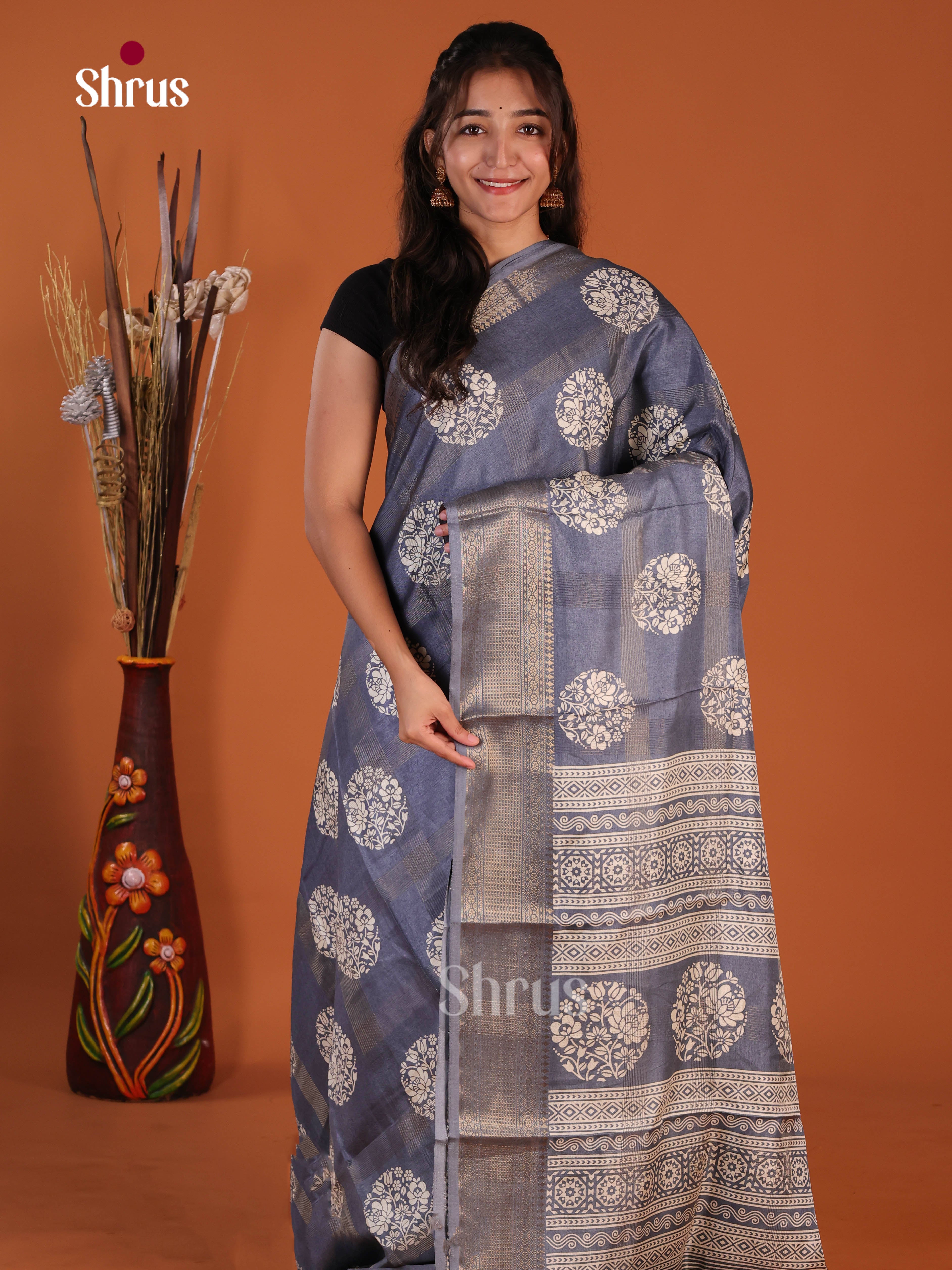 grey Blue - Semi Crepe Saree - Shop on Shrus.com
