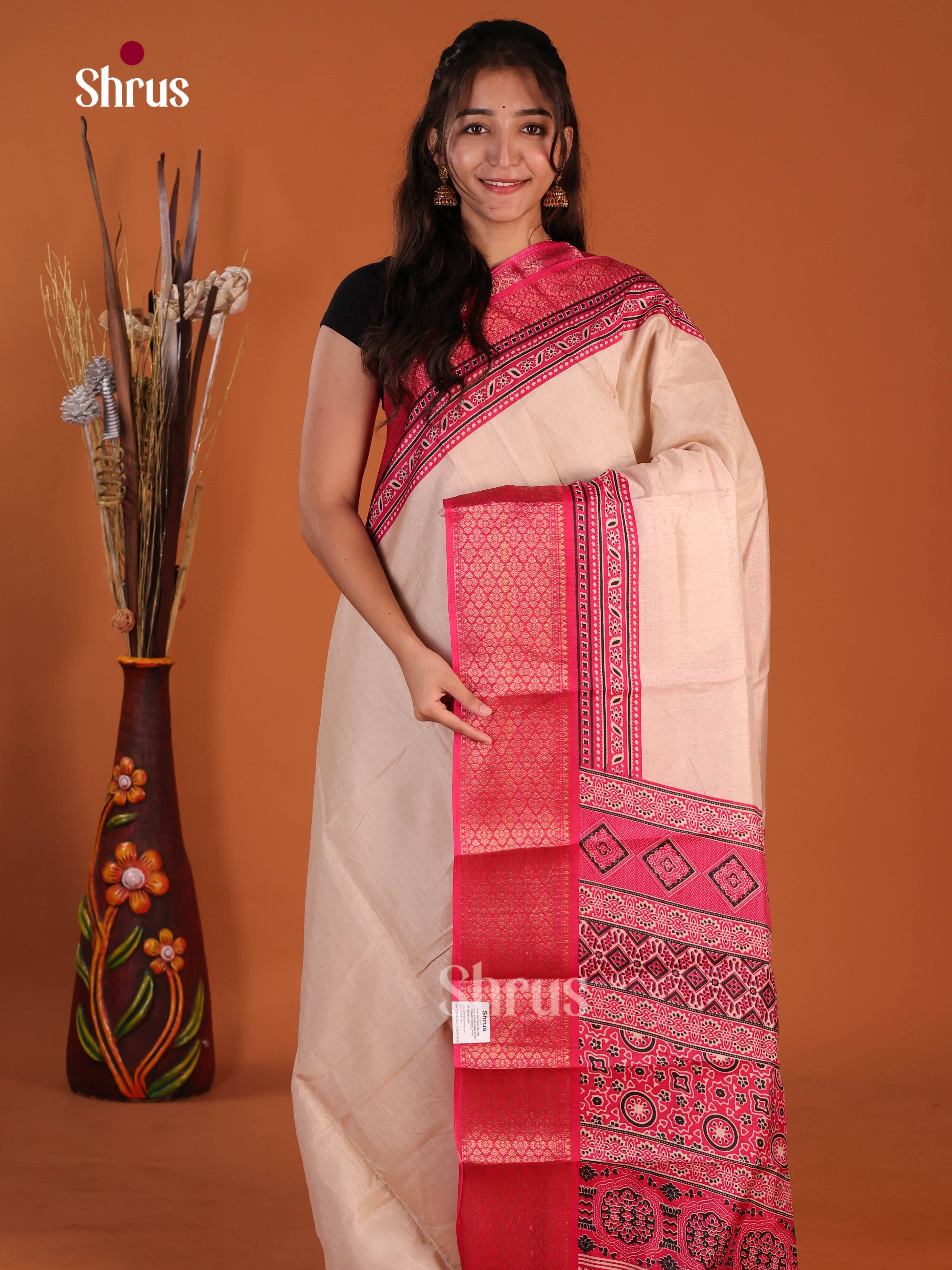 Cream & Pink - Semi Crepe Saree
