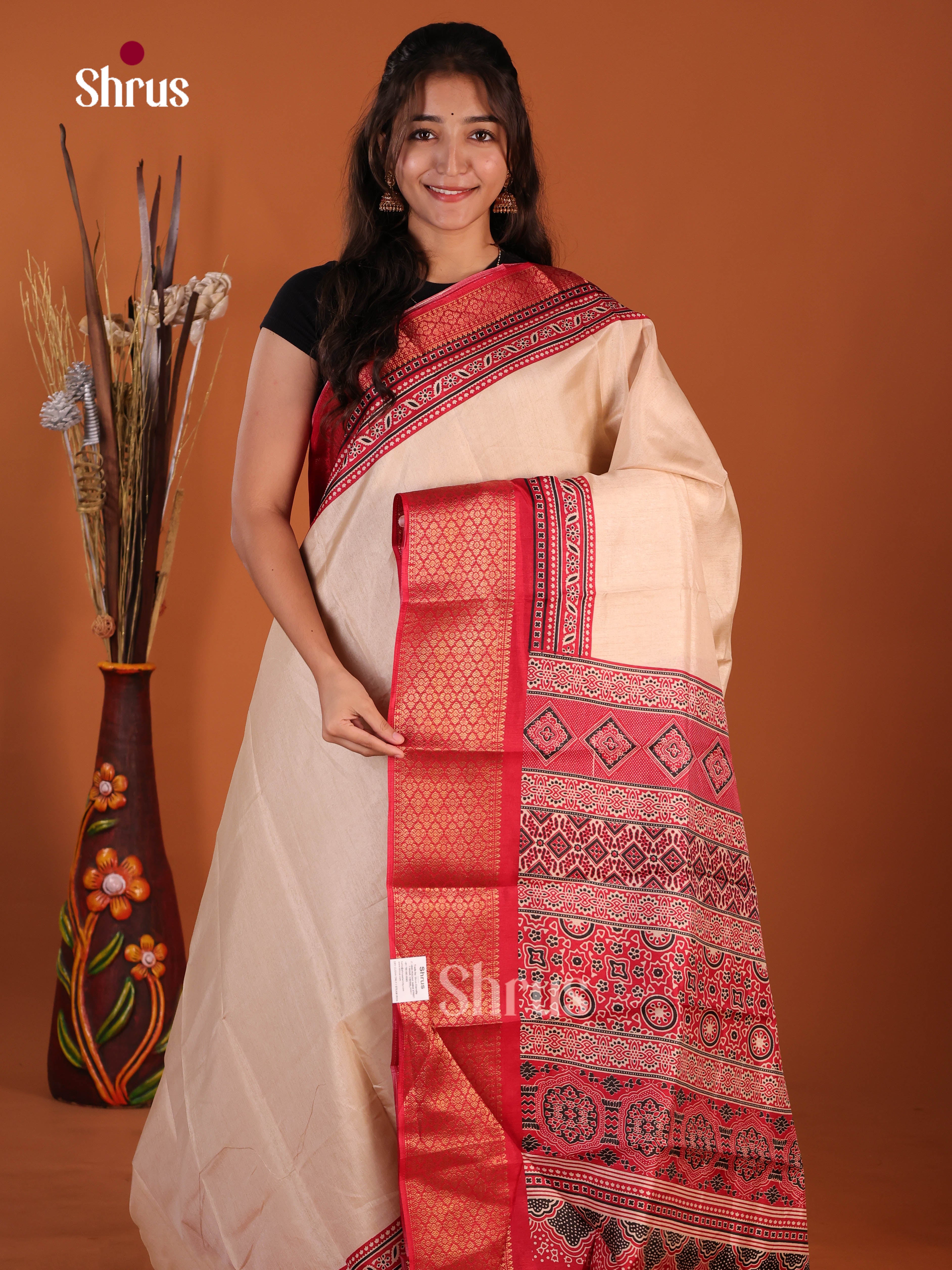 Cream & Red - Semi Crepe Saree - Shop on Shrus.com