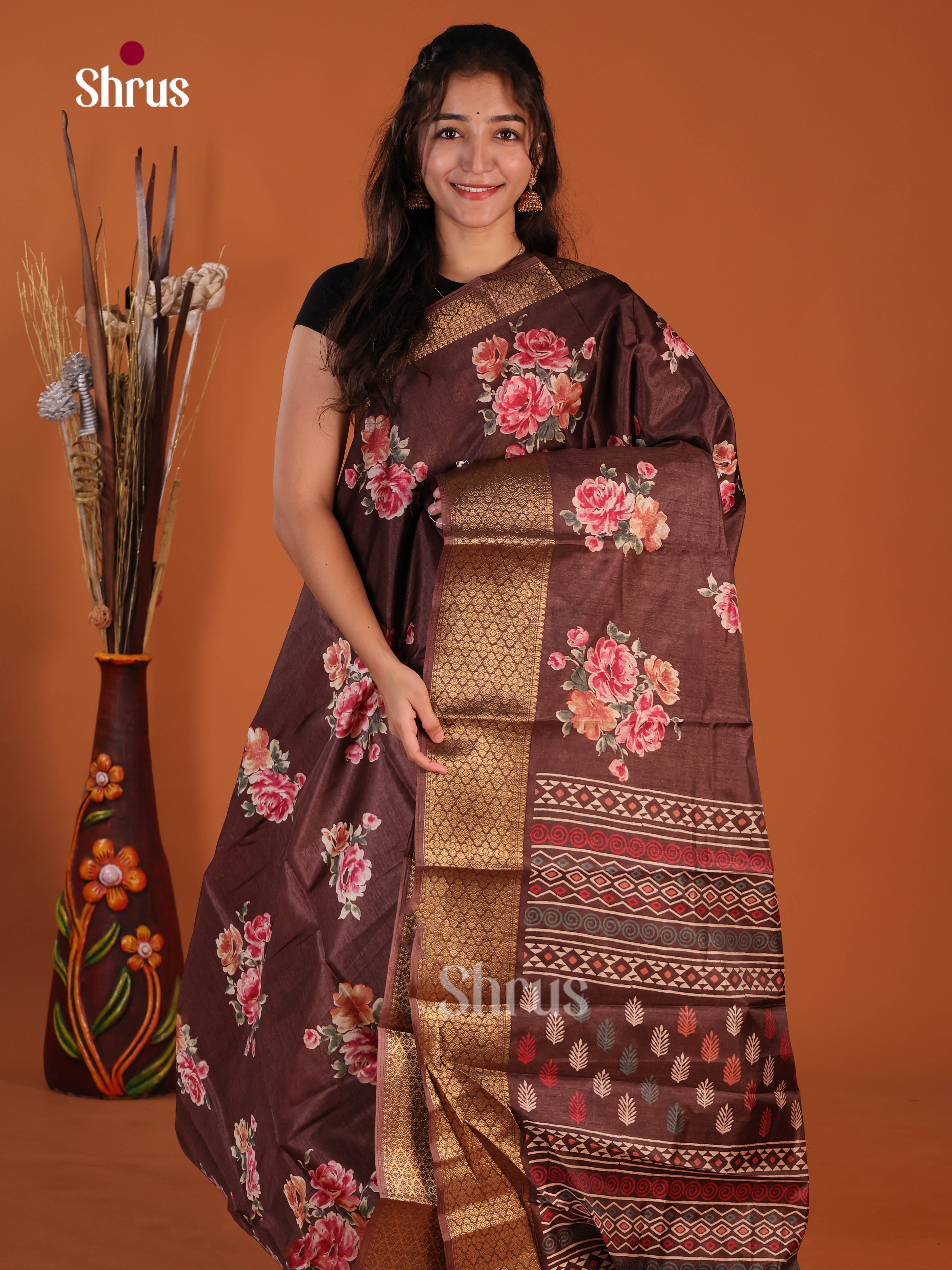 Brown - Semi Crepe Saree