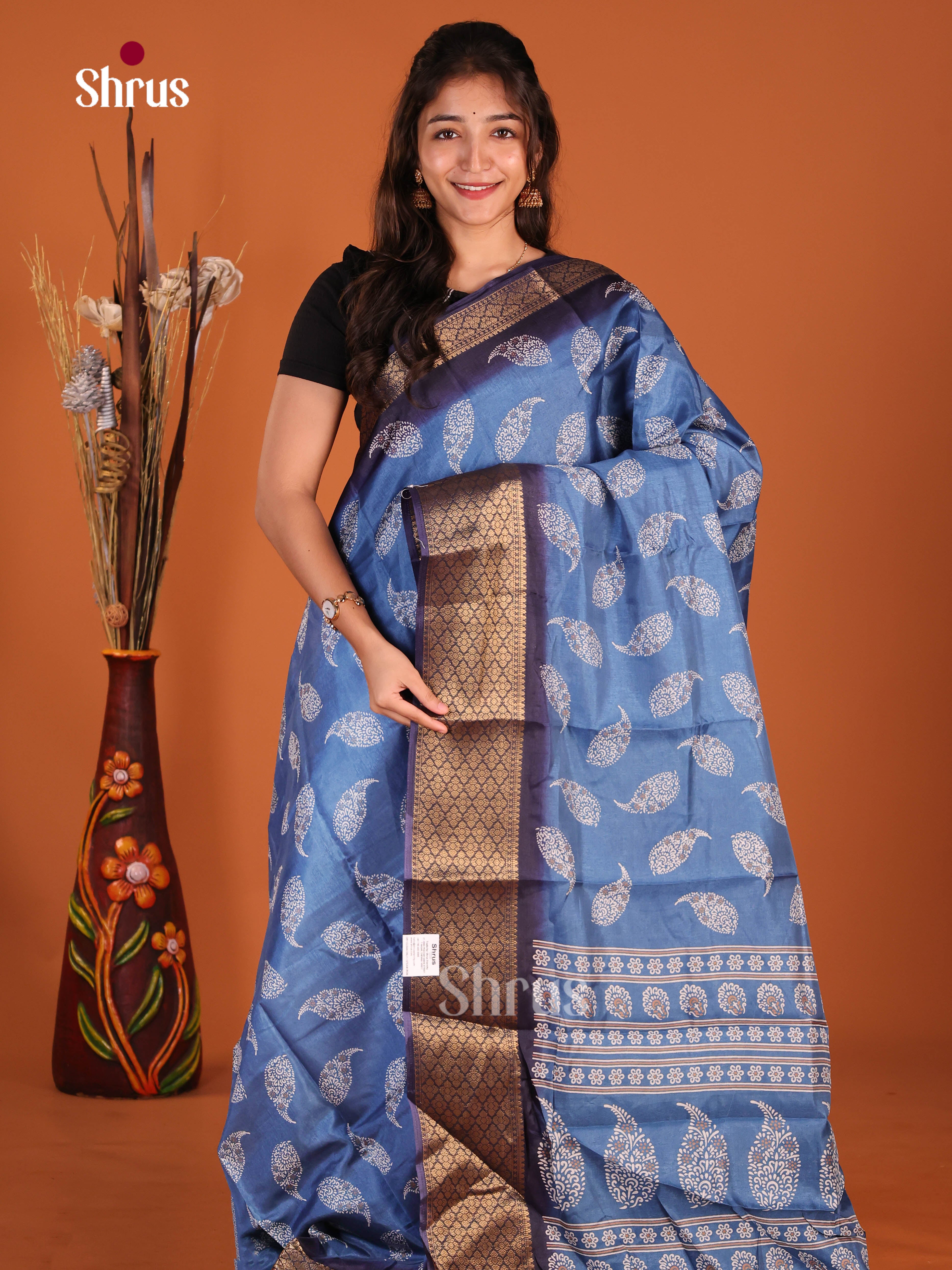 Blue & Navy Blue - Semi Crepe Saree