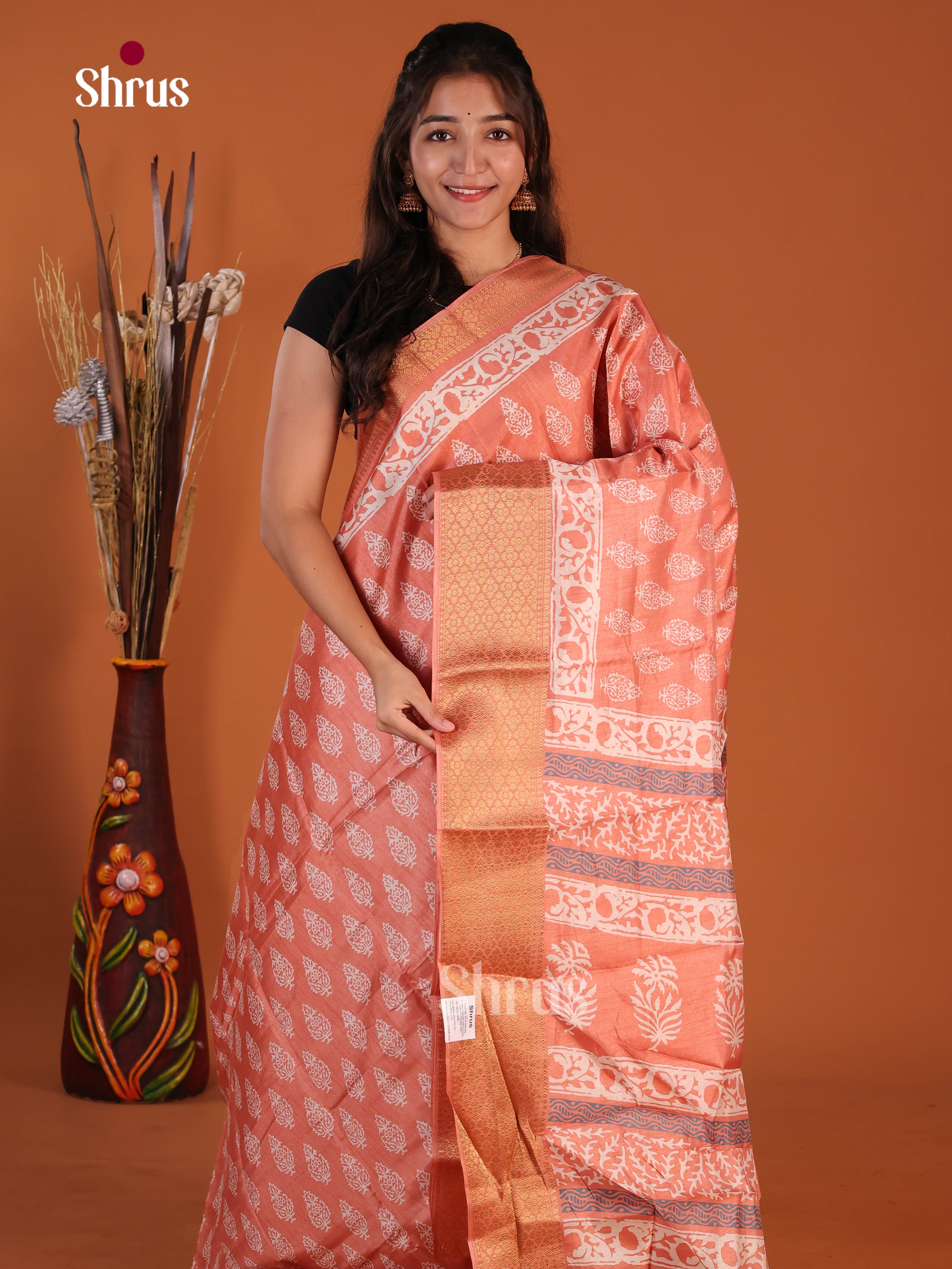 Orangish Pink - Semi Crepe Saree - Shop on Shrus.com