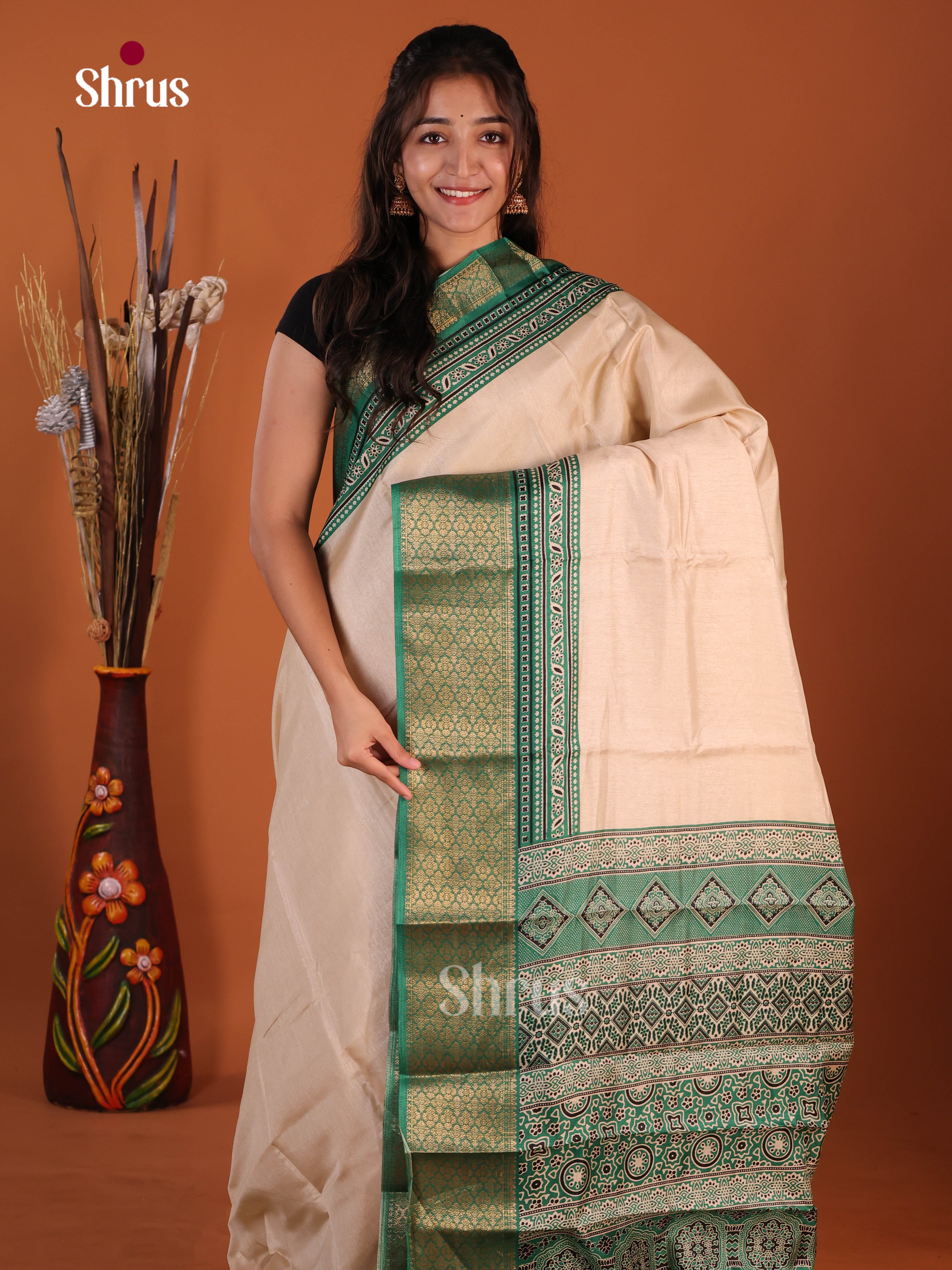 Cream & Green - Semi Crepe Saree