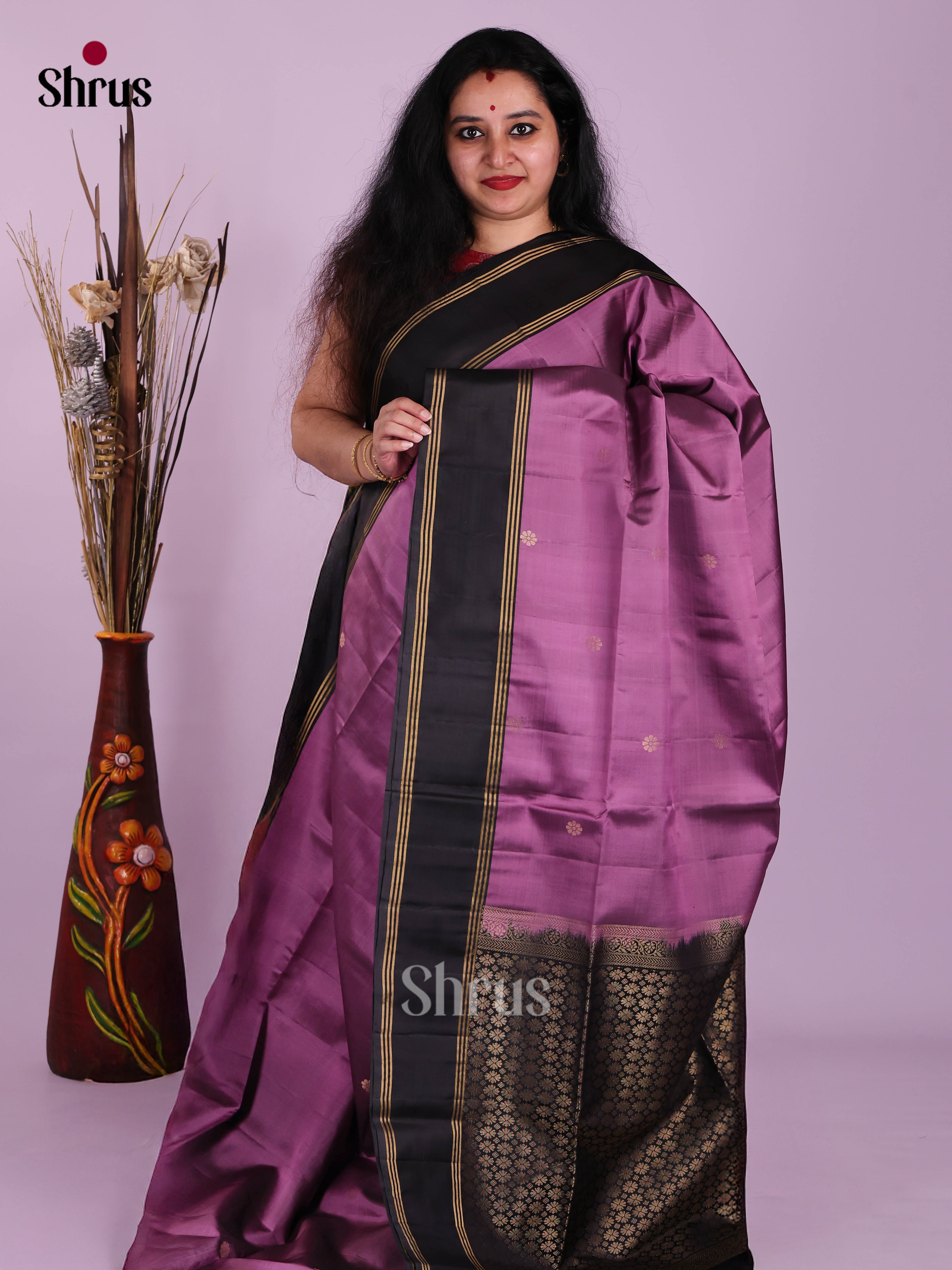Exquisite Dark Lavender Soft Silk Saree with zari buttas & Black rettaipet border