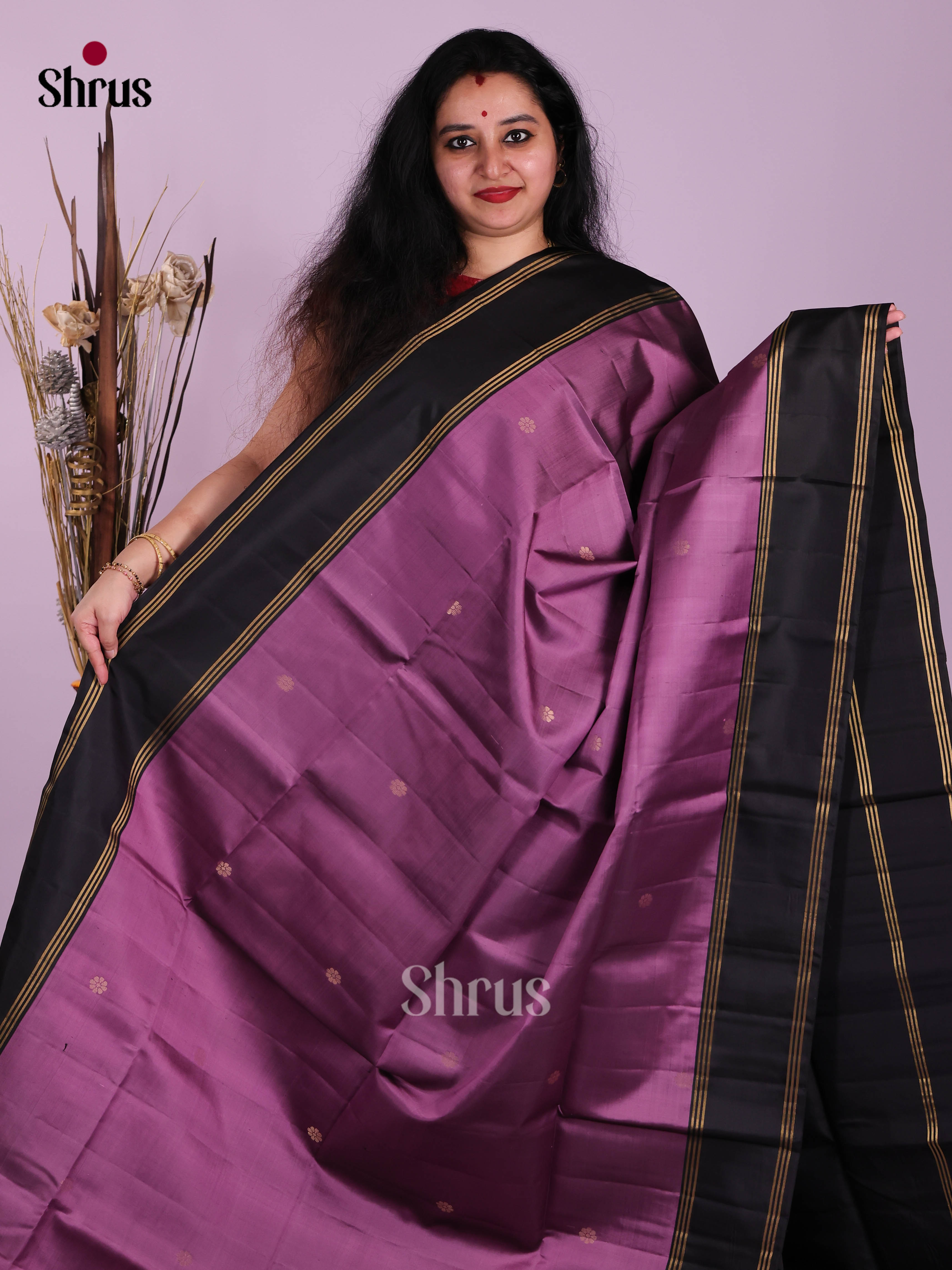 Exquisite Dark Lavender Soft Silk Saree with zari buttas & Black rettaipet border