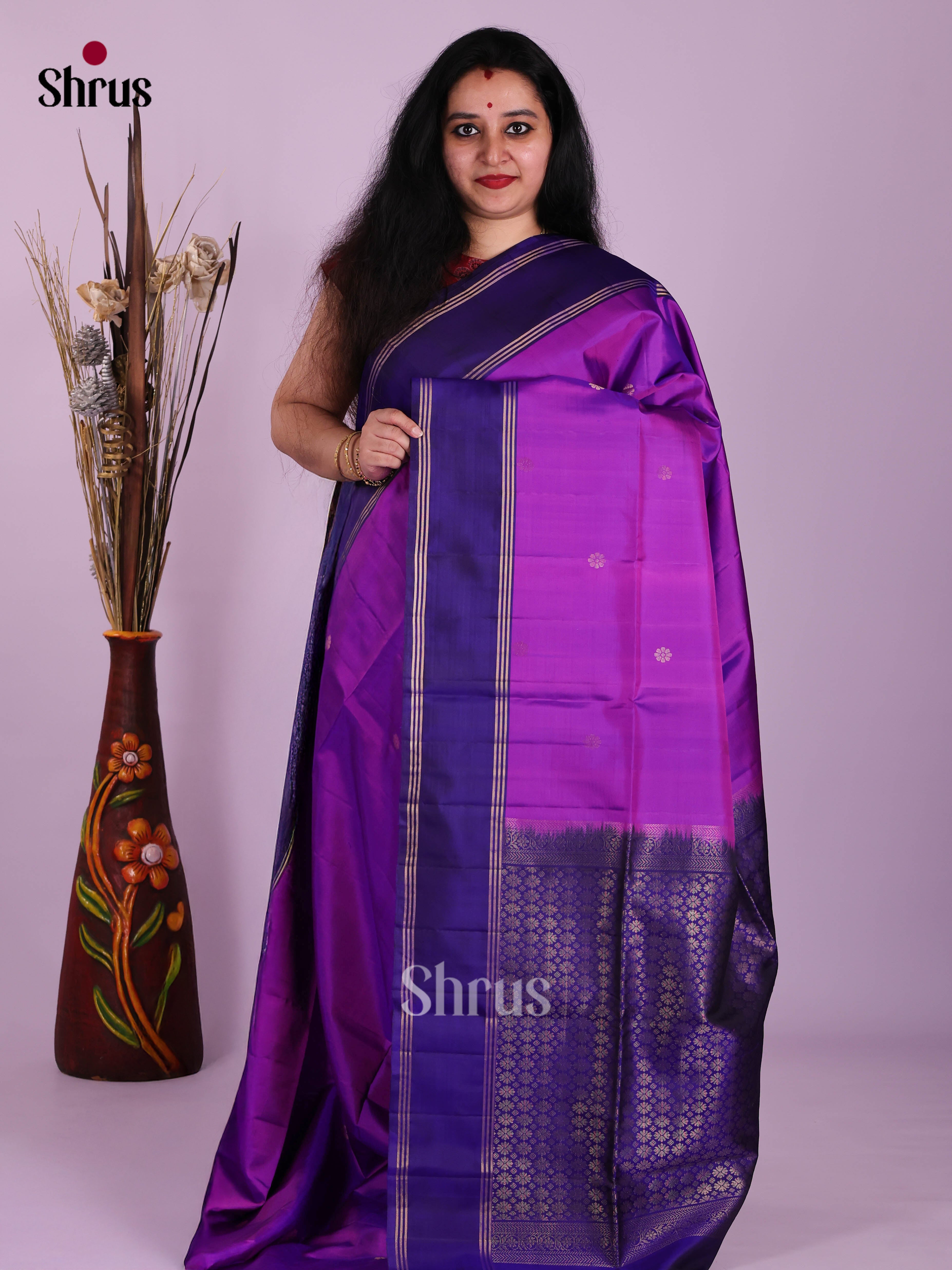Charming Purple Soft Silk Saree with Gold Buttas & Blue rettaipet Zari border