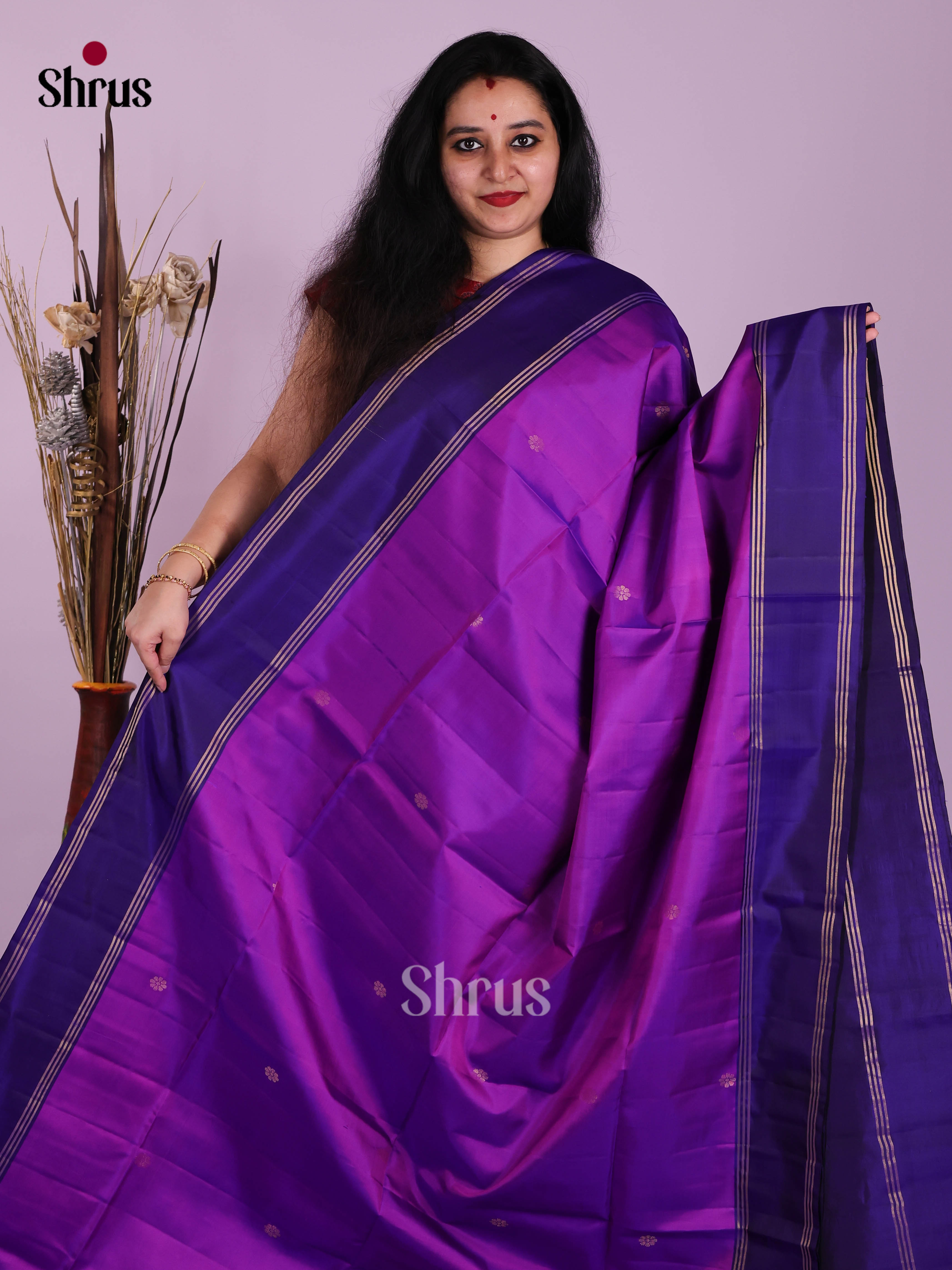Charming Purple Soft Silk Saree with Gold Buttas & Blue rettaipet Zari border