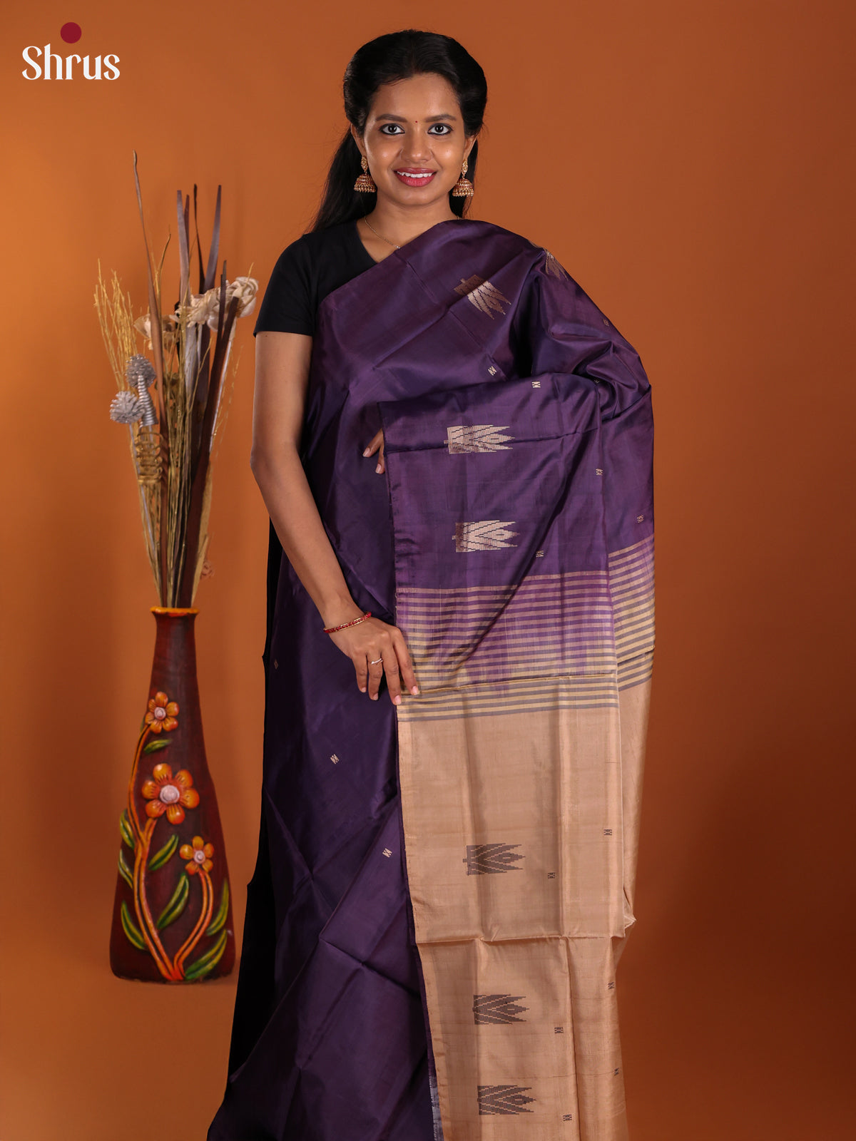Jamun & Beige - Banana Pith Saree