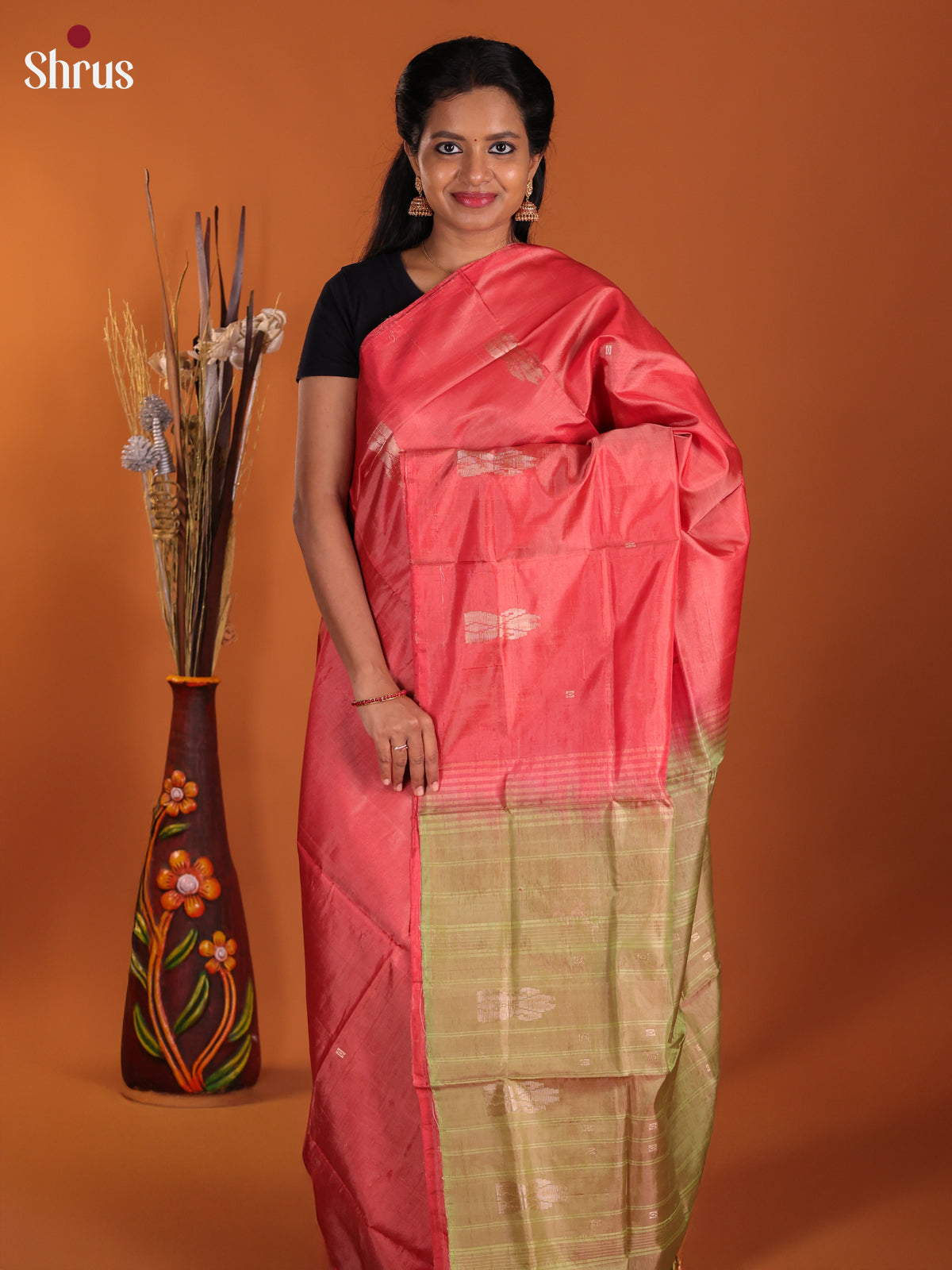 Reddish pInk & Elachi Green - Banana Pith Saree